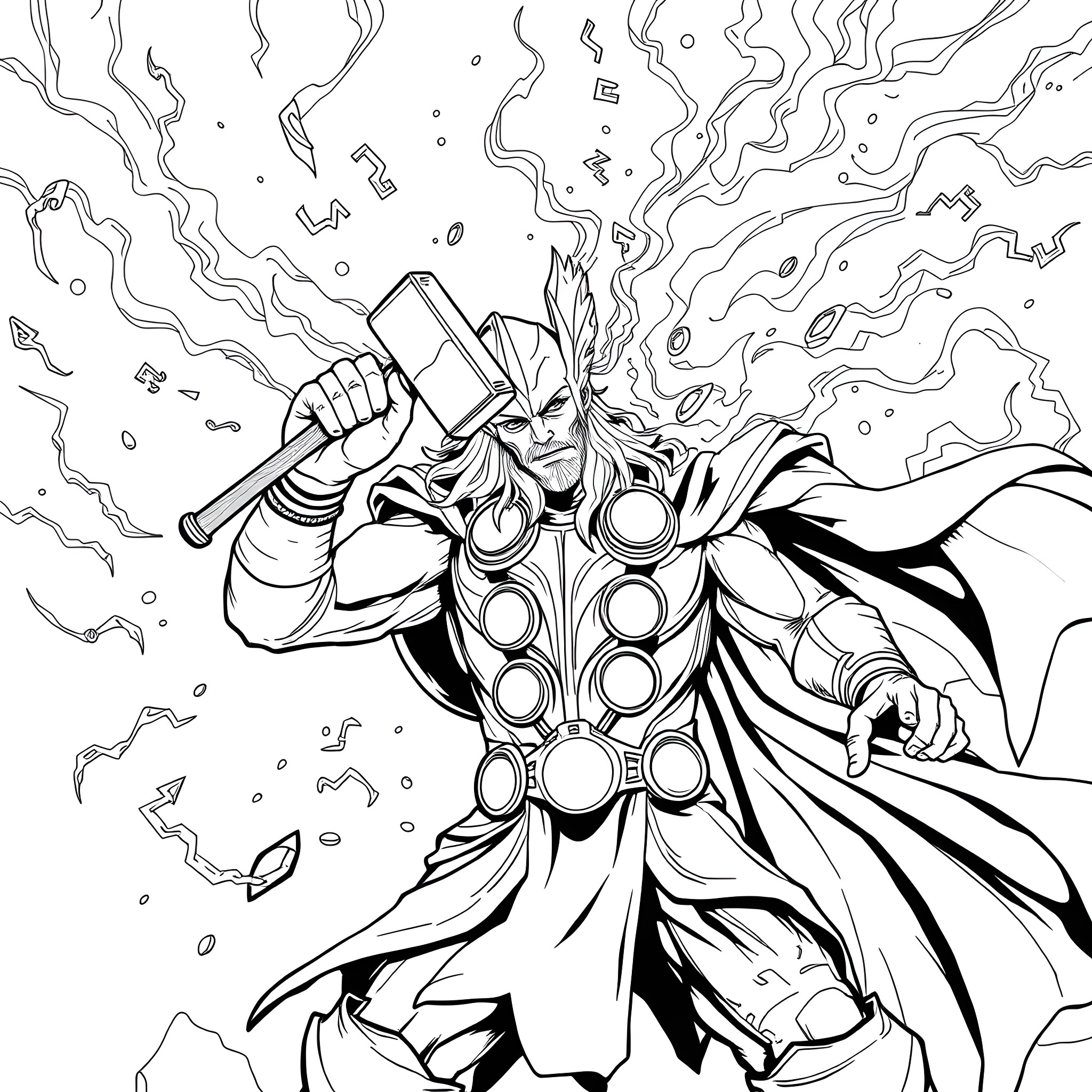 Thor unleashing cosmic power in battle Coloring Page (free black-and-white line drawing printable PDF for all, from beginners to advanced learners, including children, teens, adults, and seniors)