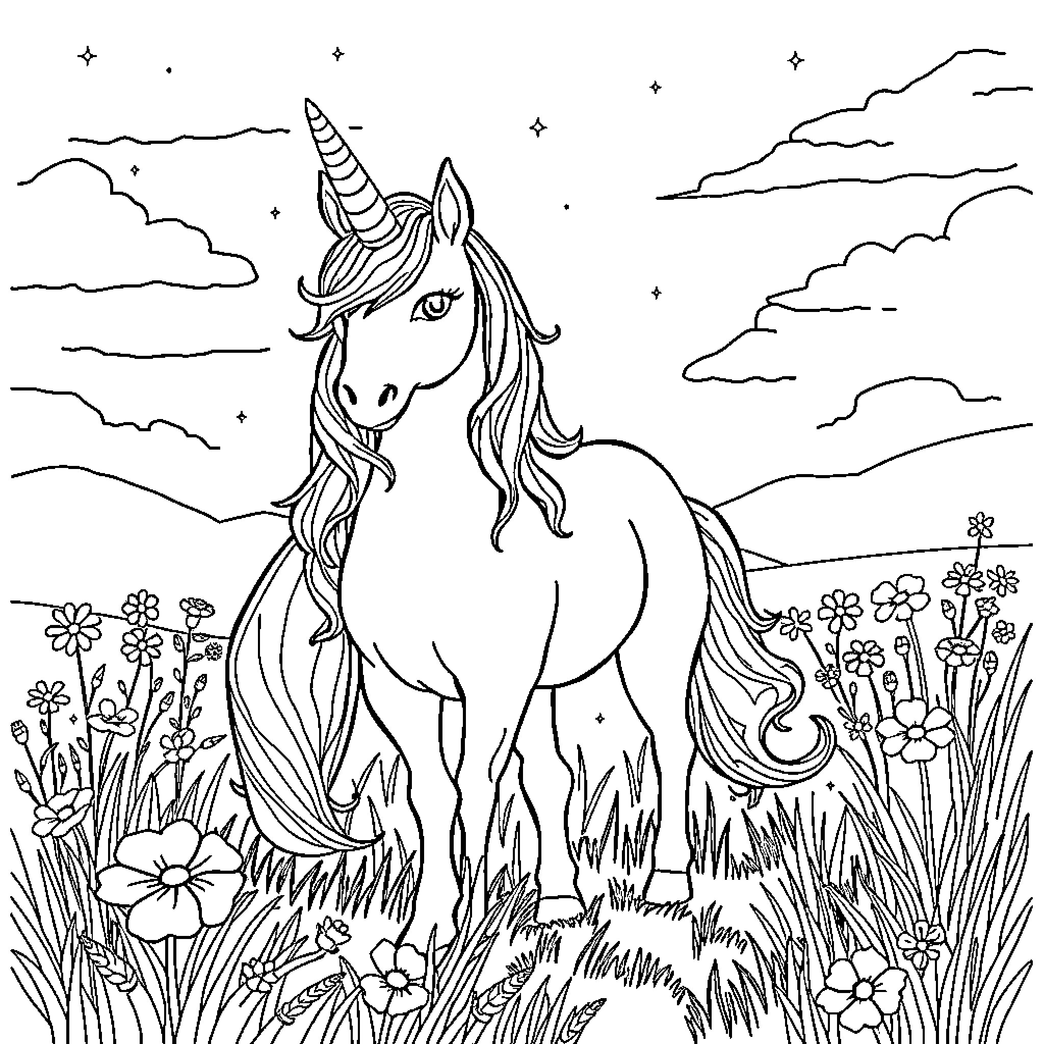 Unicorn standing in a magical meadow Coloring Page (free black-and-white line drawing printable PDF for all, from beginners to advanced learners, including children, teens, adults, and seniors)
