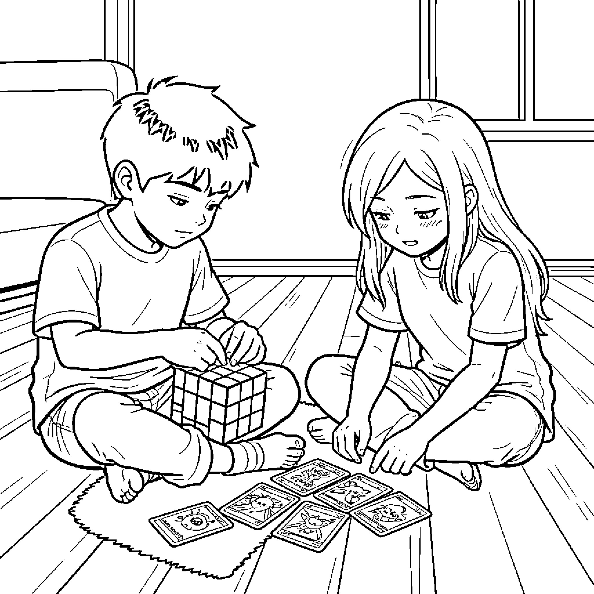 Girl and Boy Playing Board Game Together Coloring Page (free black-and-white line drawing printable PDF for all, from beginners to advanced learners, including children, teens, adults, and seniors)