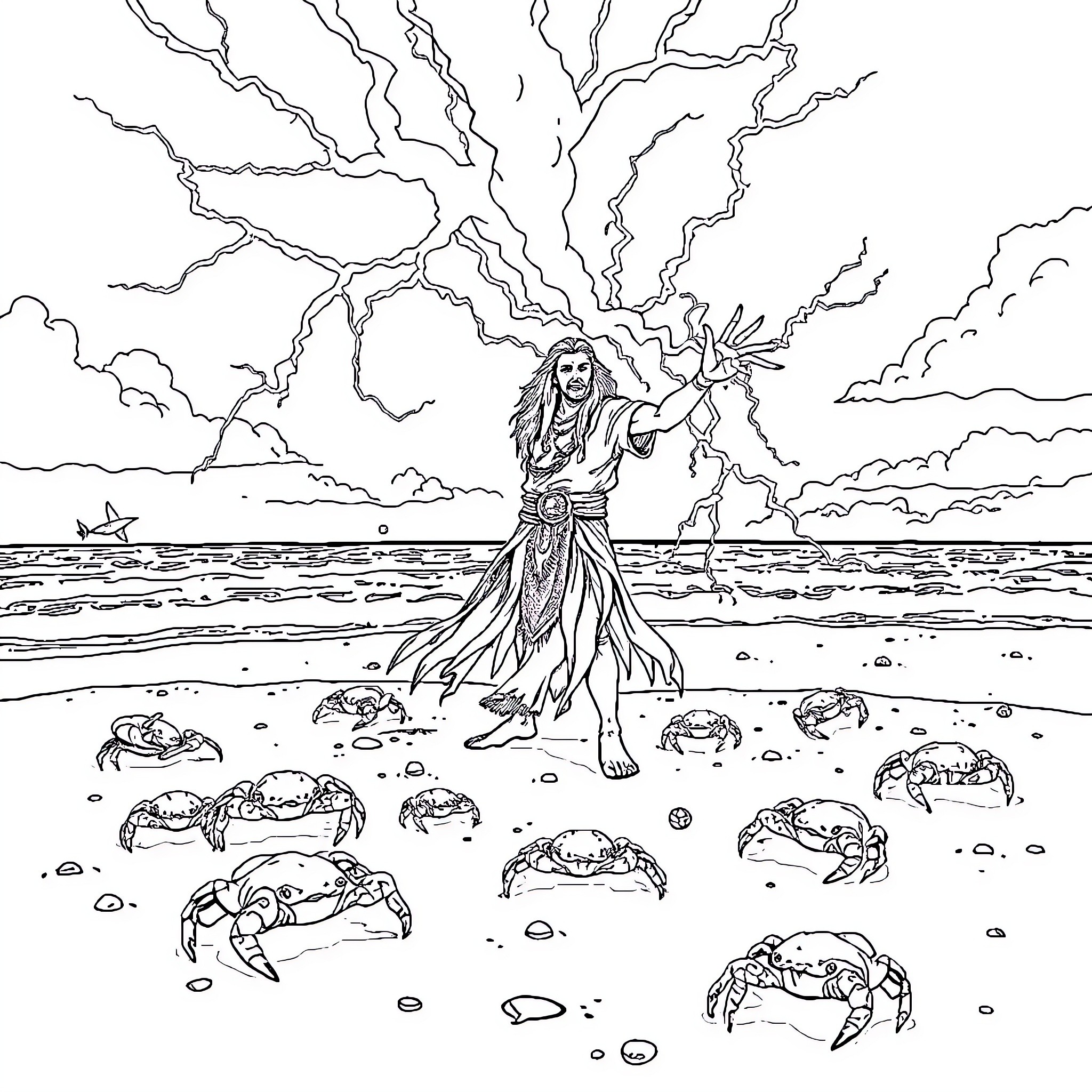 Shaman commands the forces of nature on the shore Coloring Page (free black-and-white line drawing printable PDF for all, from beginners to advanced learners, including children, teens, adults, and seniors)