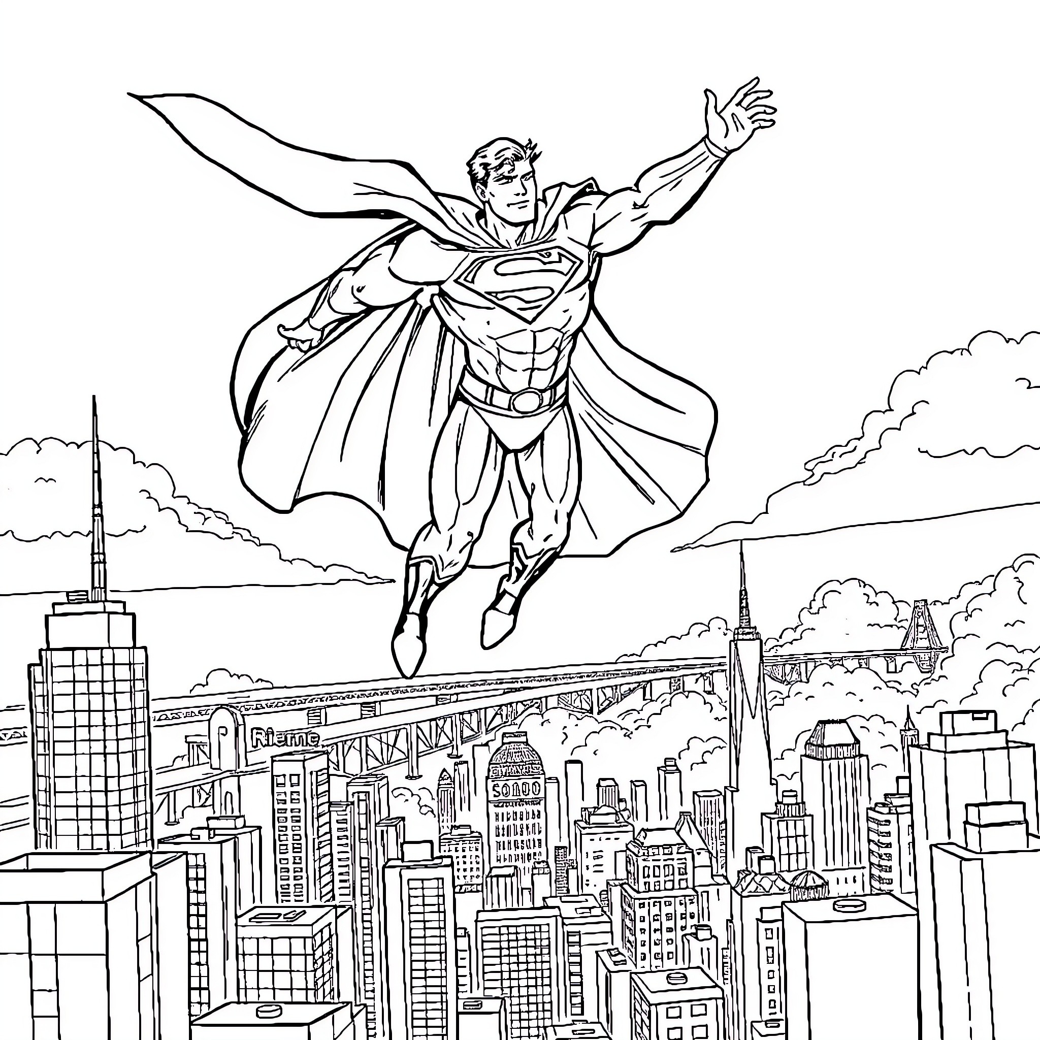 Superman soaring over the city skyline Coloring Page (free black-and-white line drawing printable PDF for all, from beginners to advanced learners, including children, teens, adults, and seniors)
