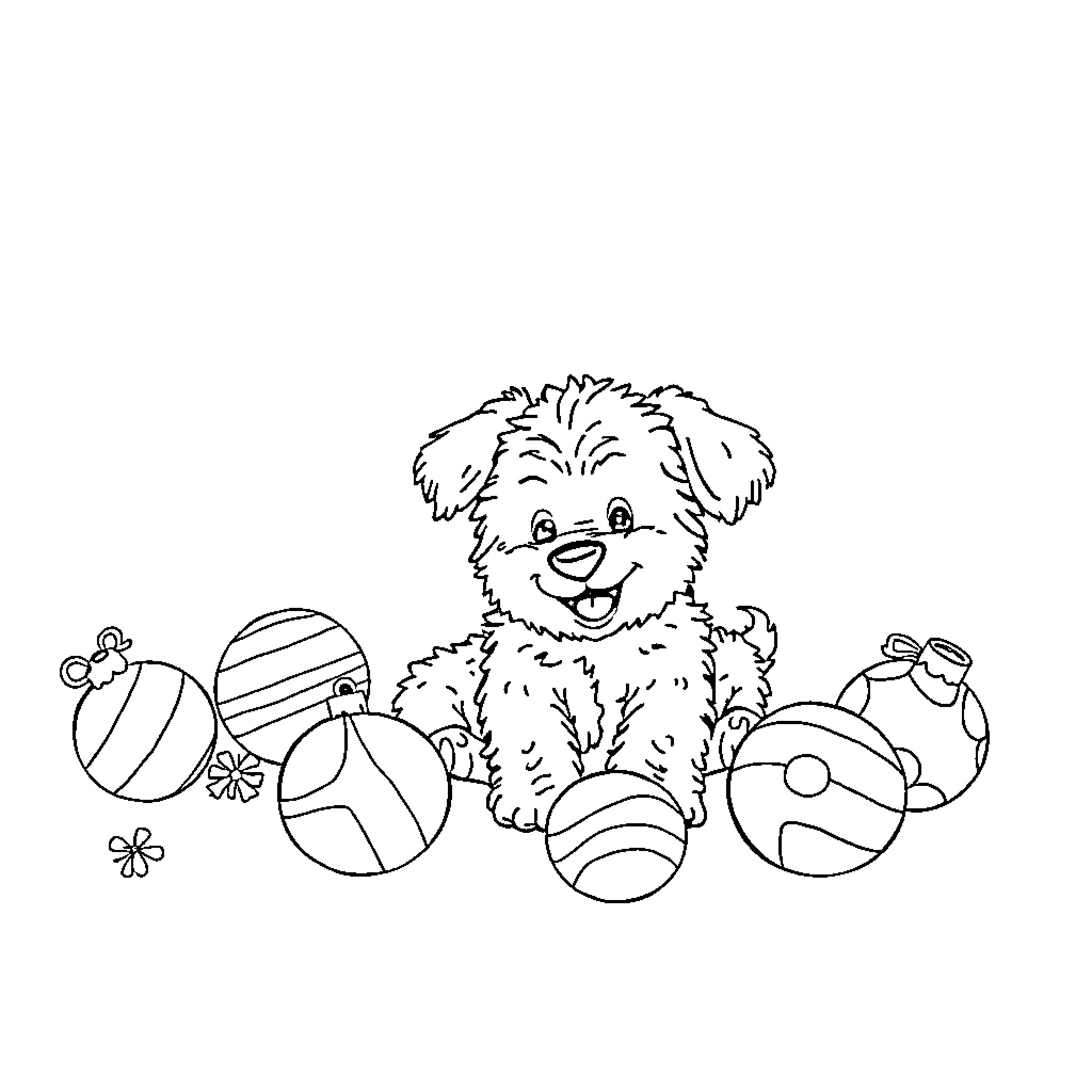 Puppy surrounded by colorful Easter eggs Coloring Page (free black-and-white line drawing printable PDF for all, from beginners to advanced learners, including children, teens, adults, and seniors)