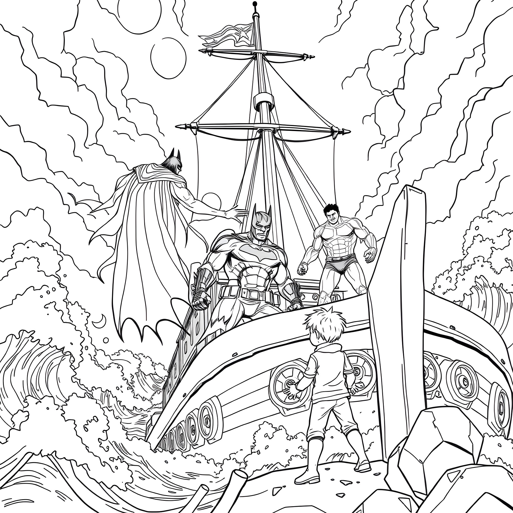 Superhero battle on a futuristic alien spaceship Coloring Page (free black-and-white line drawing printable PDF for all, from beginners to advanced learners, including children, teens, adults, and seniors)