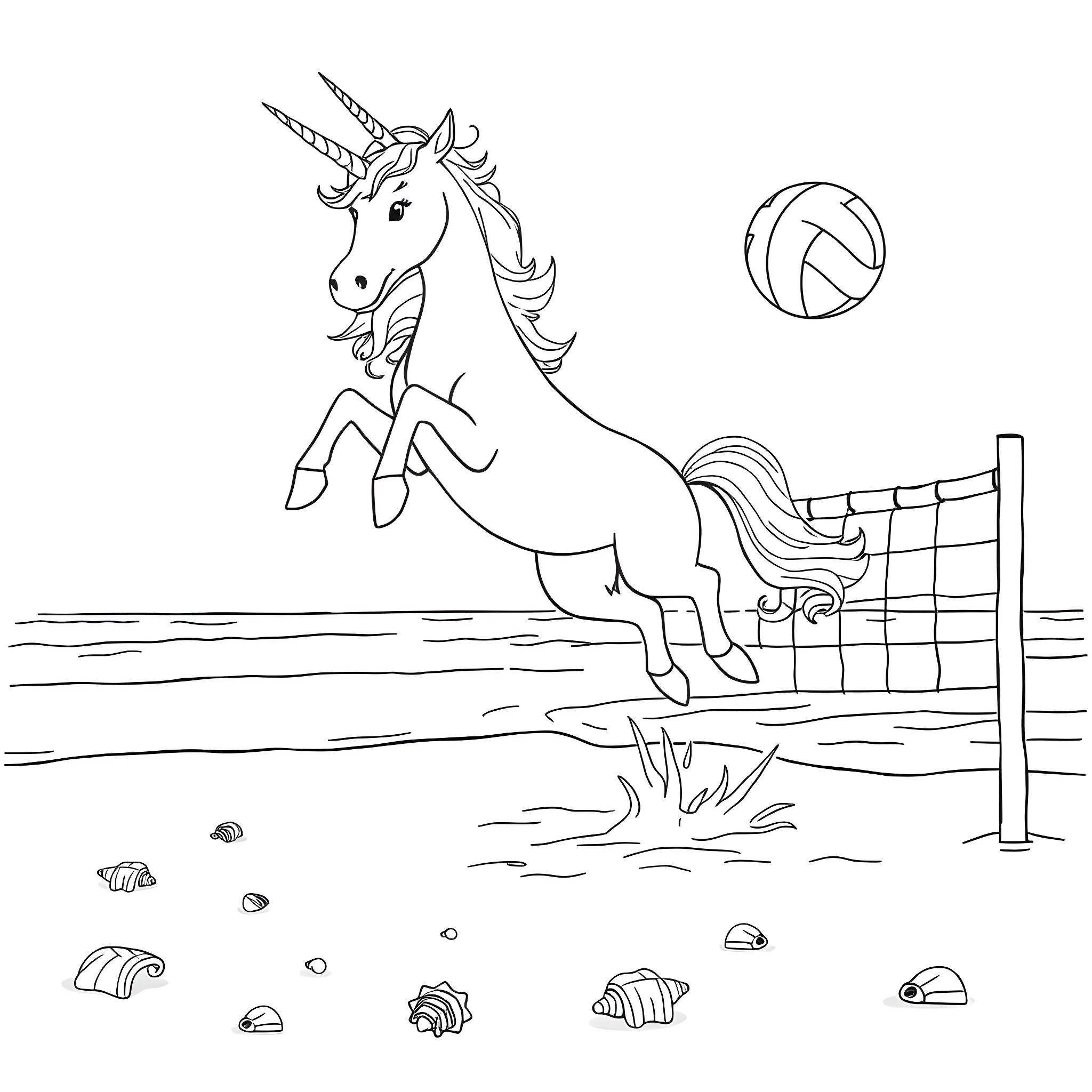 Unicorn leaping over volleyball net in the park Coloring Page (free black-and-white line drawing printable PDF for all, from beginners to advanced learners, including children, teens, adults, and seniors)