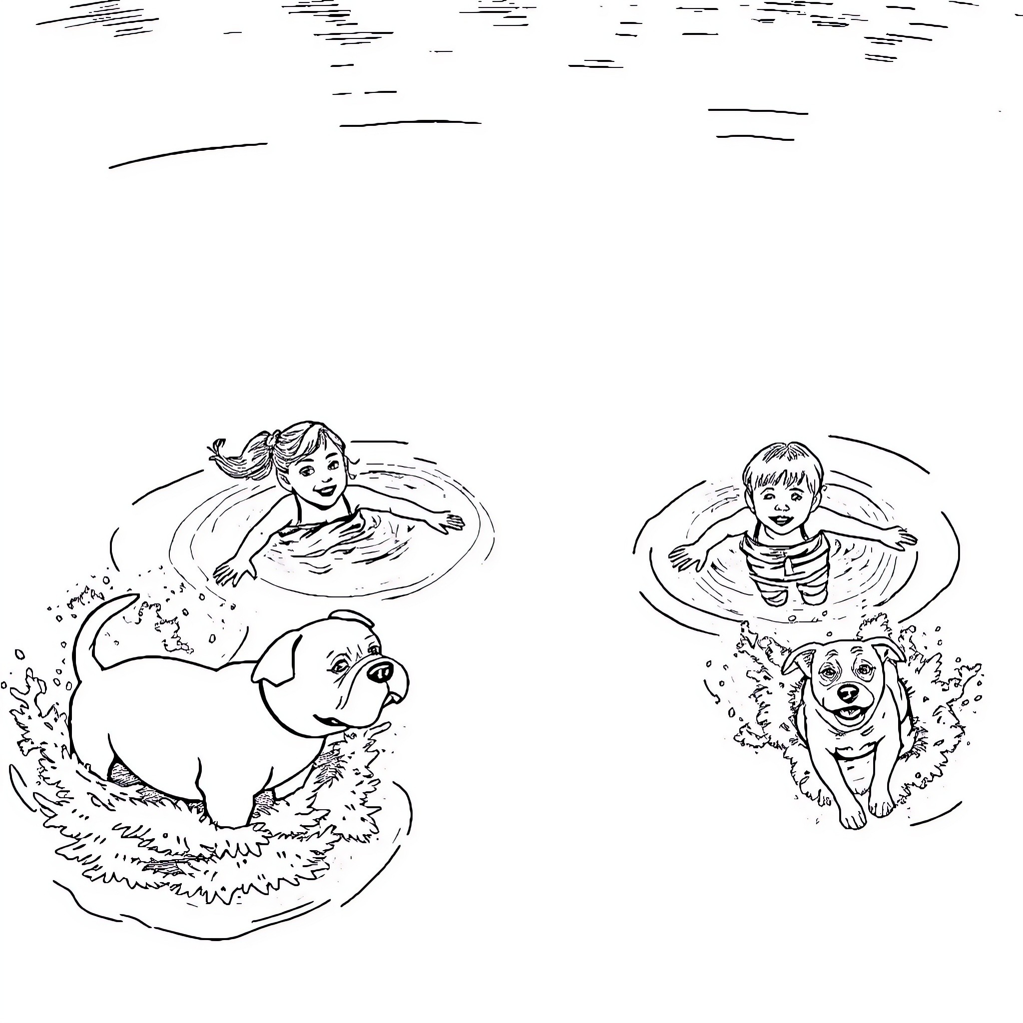 Dog with children playing in water on a grassy field Coloring Page (free black-and-white line drawing printable PDF for all, from beginners to advanced learners, including children, teens, adults, and seniors)
