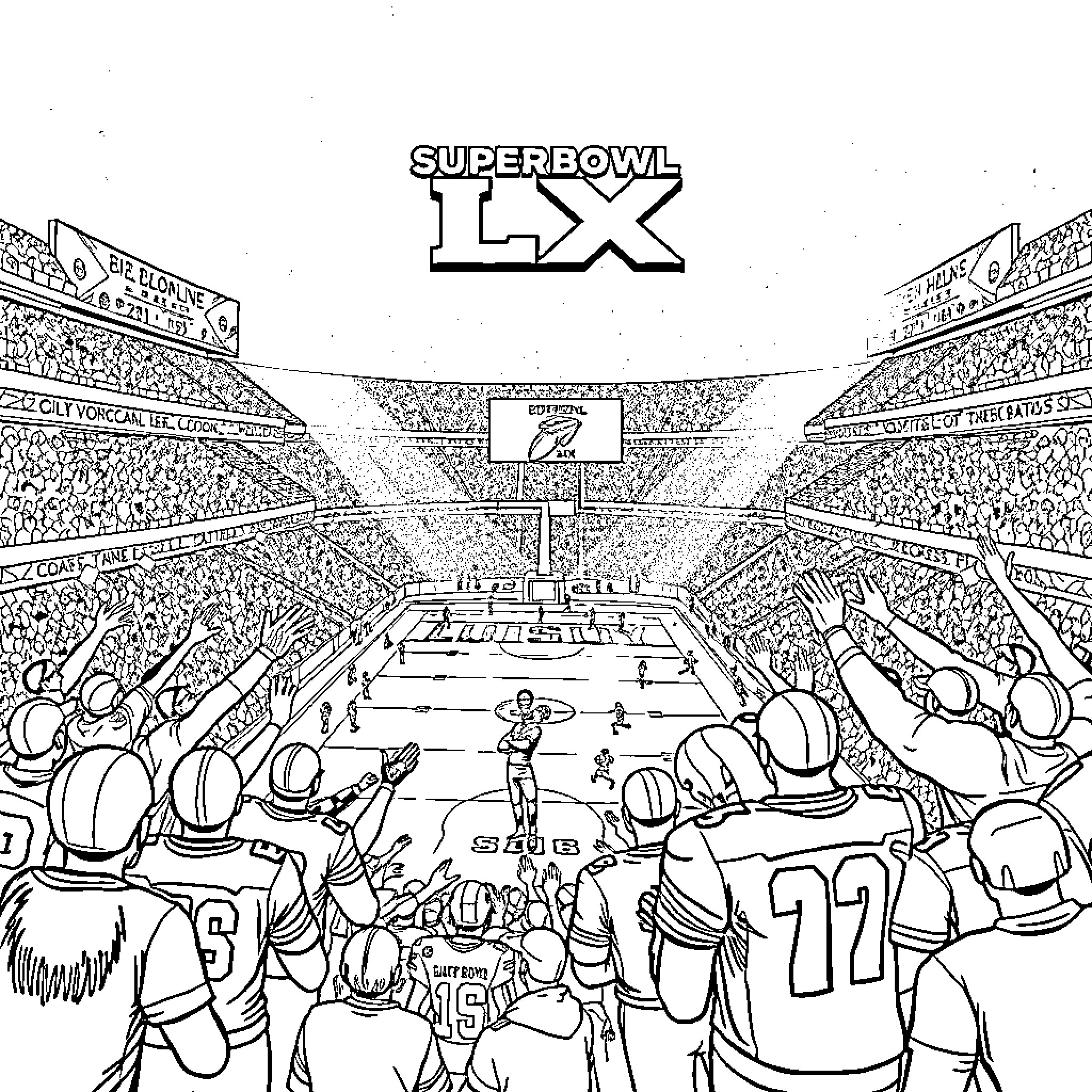 Superbowl LXX: Football players and fans in a packed stadium Coloring Page (free black-and-white line drawing printable PDF for all, from beginners to advanced learners, including children, teens, adults, and seniors)