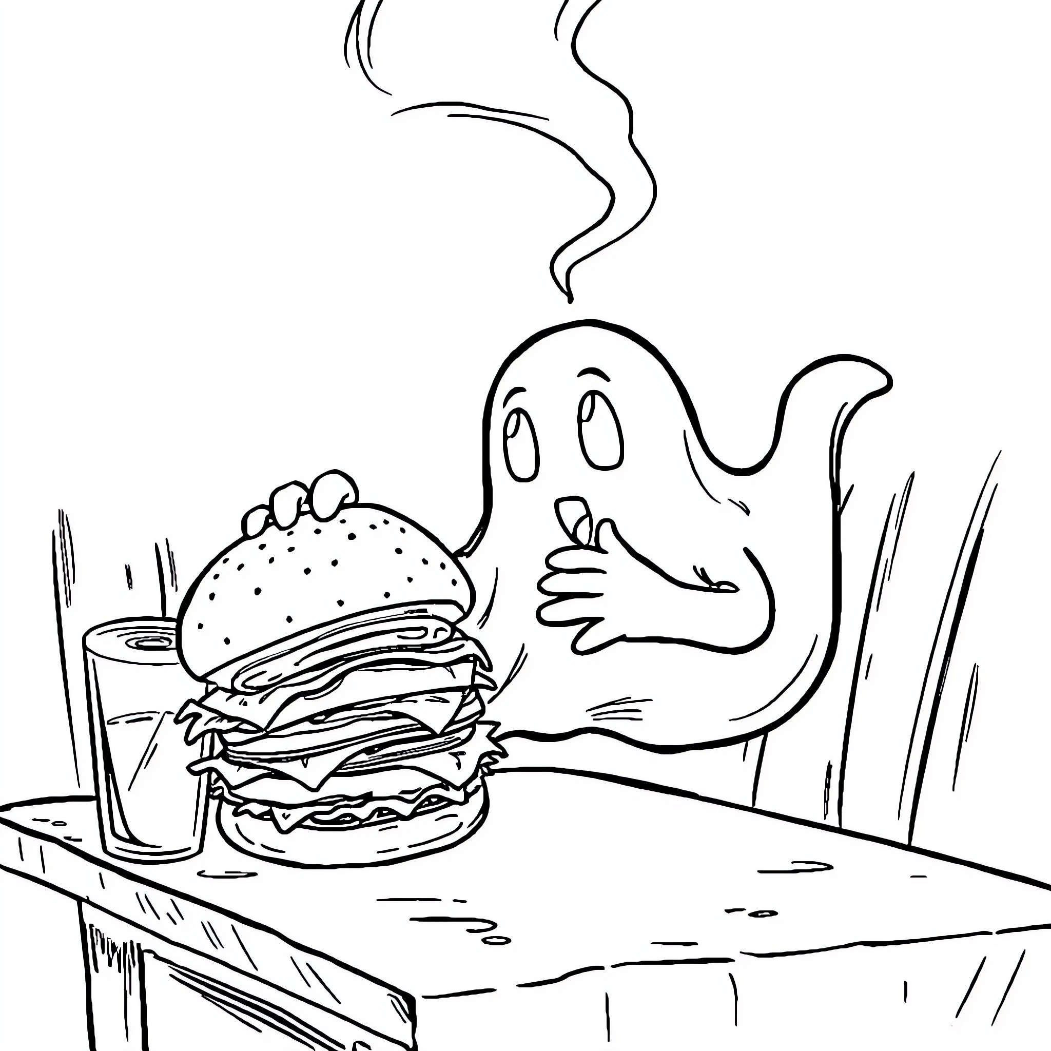 Ghost enjoying a tasty burger with smoke Coloring Page (free black-and-white line drawing printable PDF for all, from beginners to advanced learners, including children, teens, adults, and seniors)