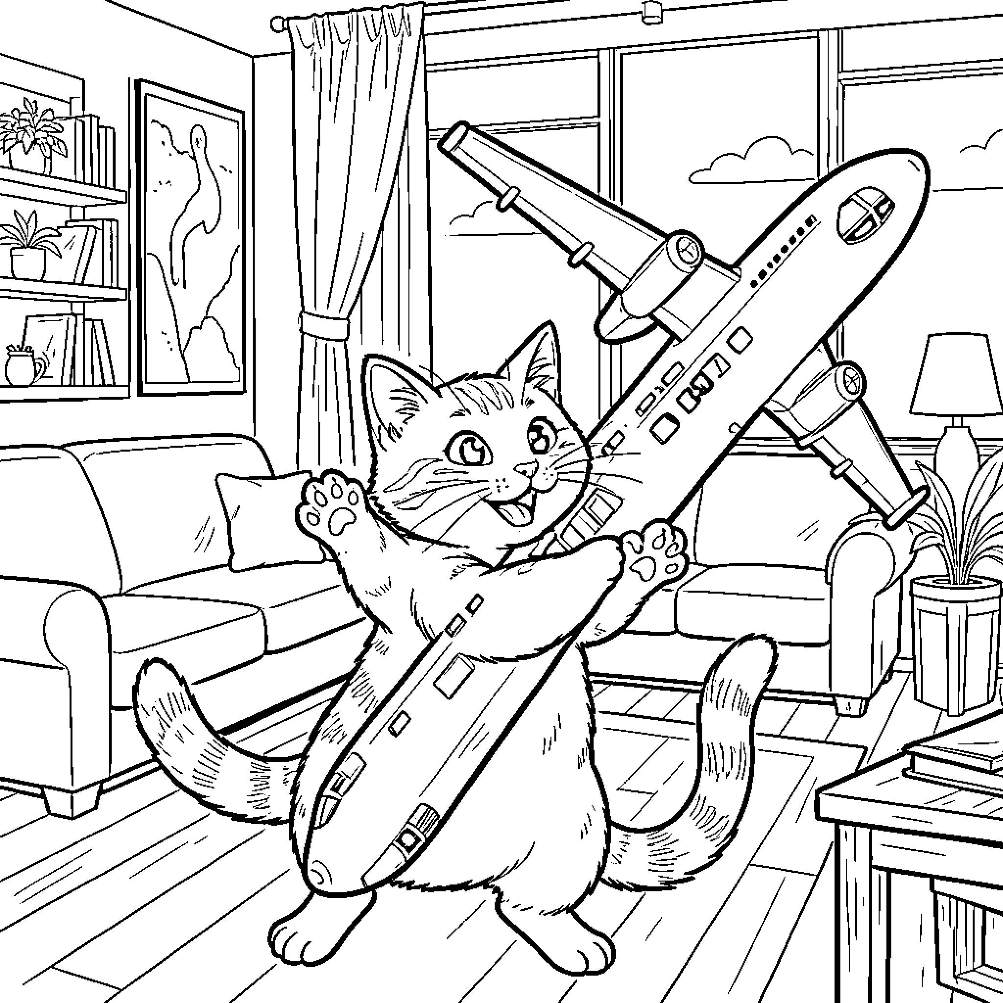 British Shorthair cat playing with toys in the room Coloring Page (free black-and-white line drawing printable PDF for all, from beginners to advanced learners, including children, teens, adults, and seniors)