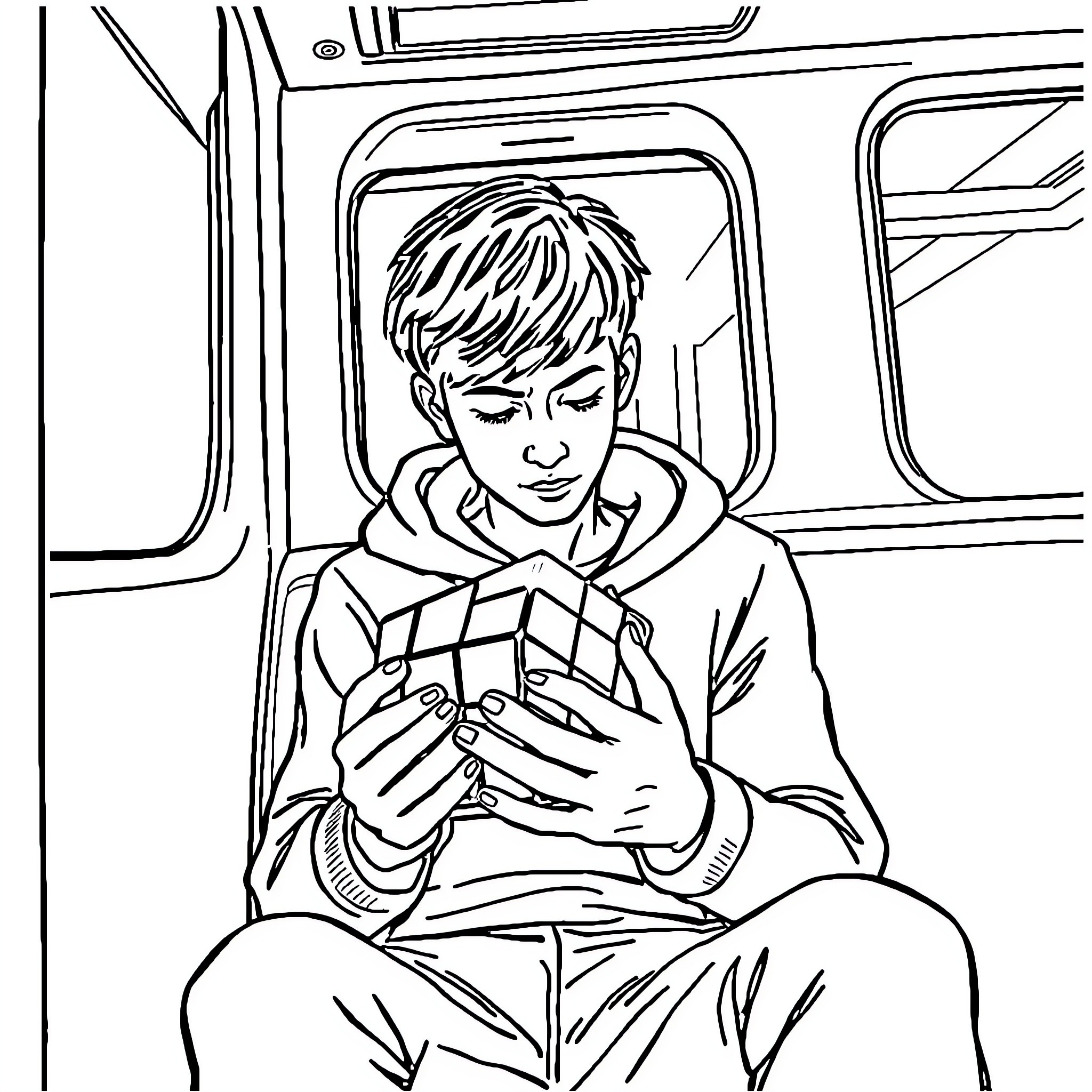 Guy reading a book on a public transport Coloring Page (free black-and-white line drawing printable PDF for all, from beginners to advanced learners, including children, teens, adults, and seniors)