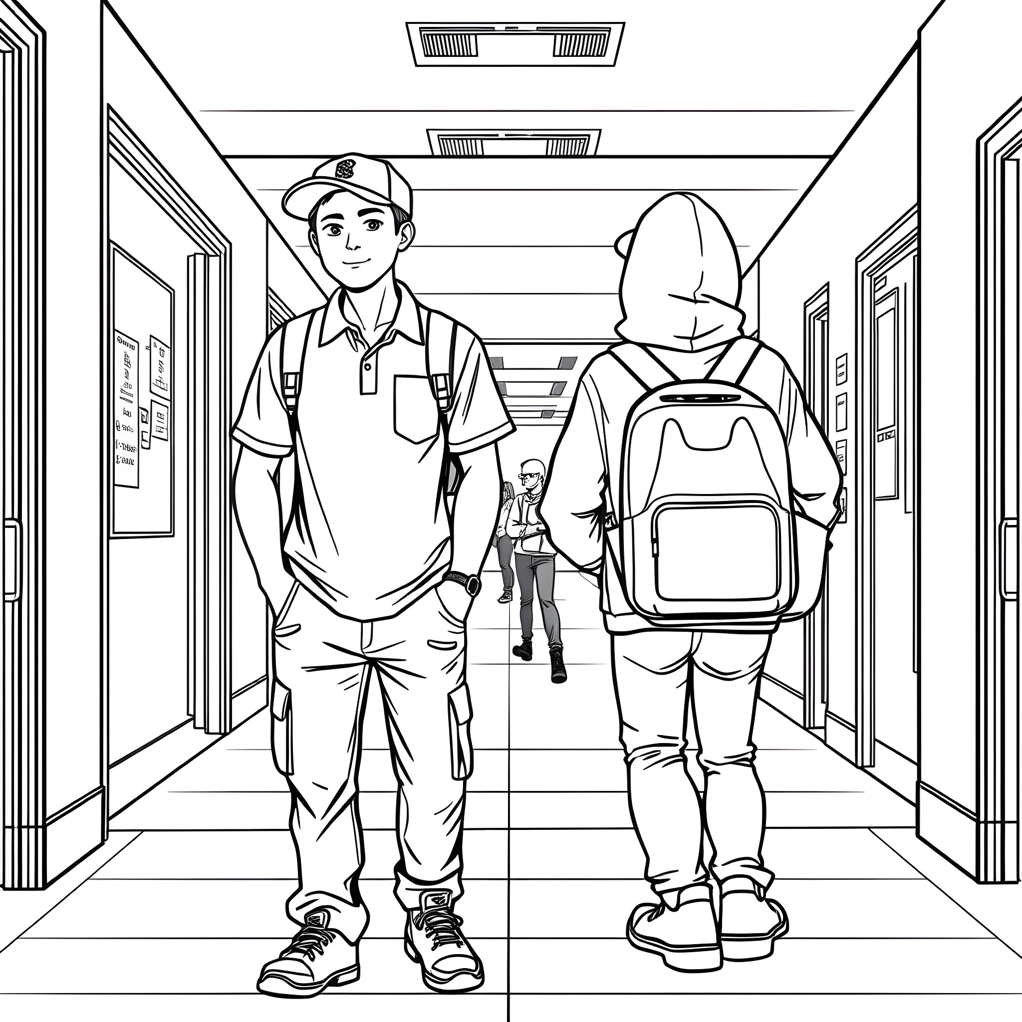 Teen students walking in school hallway Coloring Page (free black-and-white line drawing printable PDF for all, from beginners to advanced learners, including children, teens, adults, and seniors)