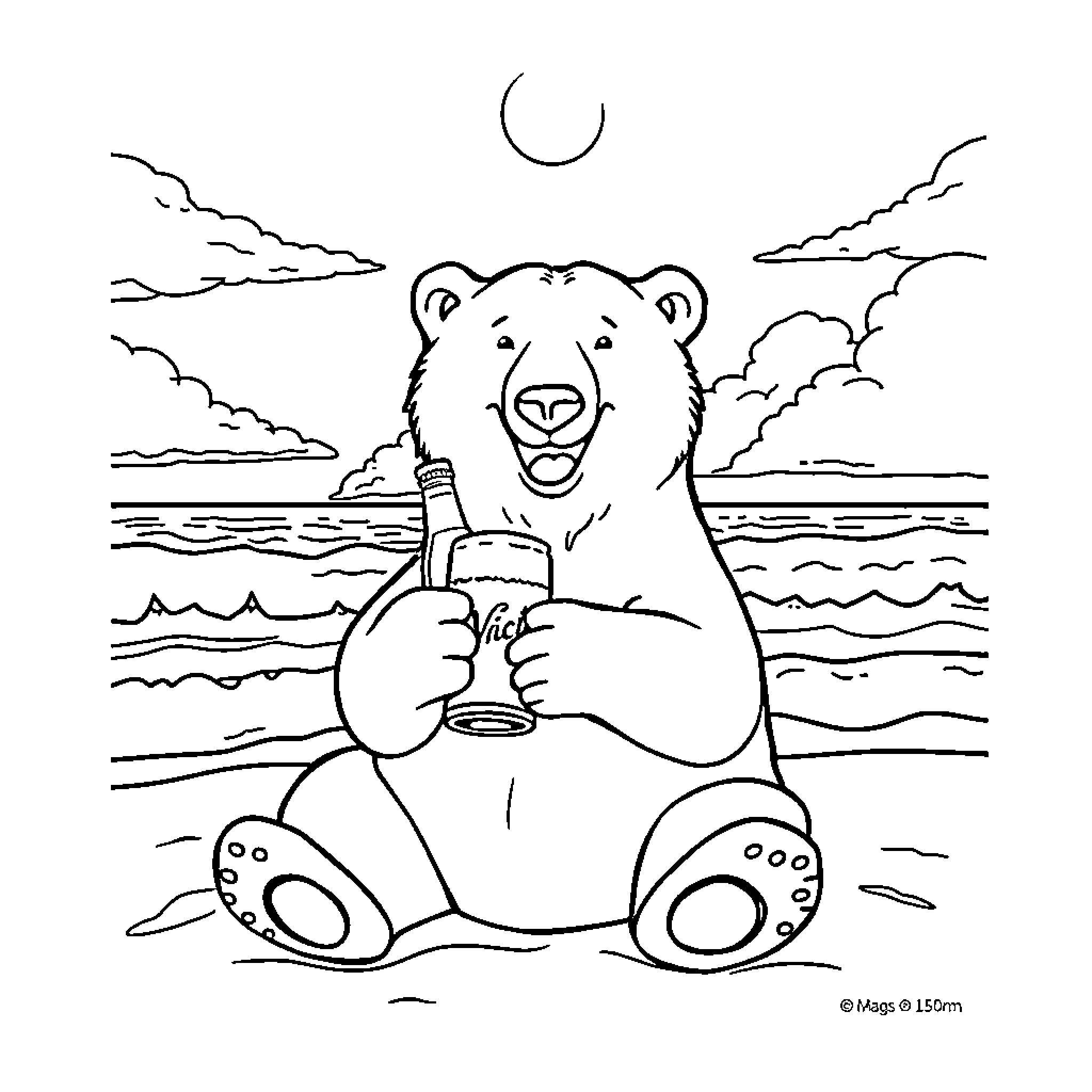 Polar Bear Enjoying a Refreshing Drink by the Sea Coloring Page (free black-and-white line drawing printable PDF for all, from beginners to advanced learners, including children, teens, adults, and seniors)
