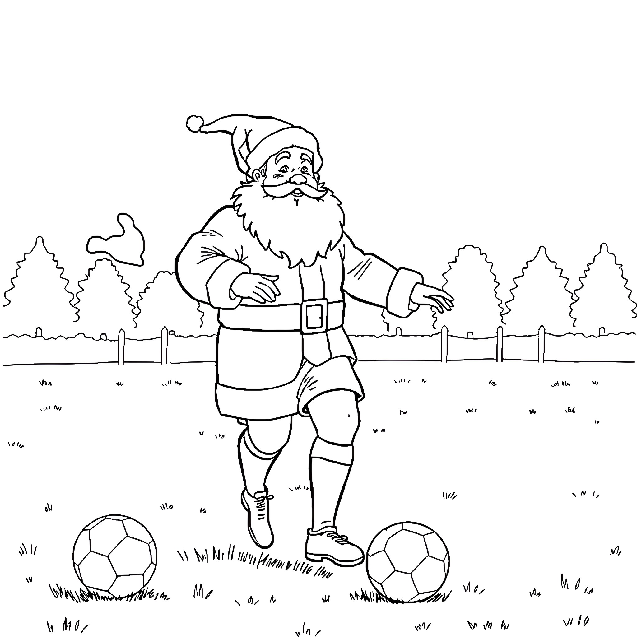Santa Claus playing with soccer balls in the park Coloring Page (free black-and-white line drawing printable PDF for all, from beginners to advanced learners, including children, teens, adults, and seniors)