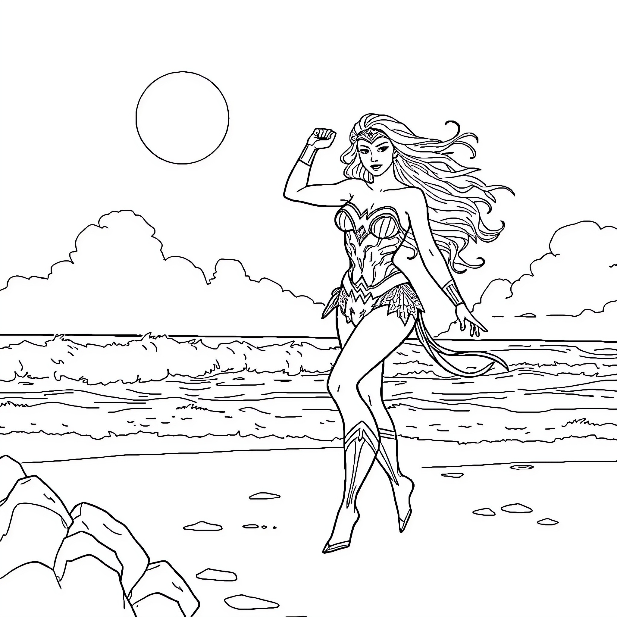 Wonder Woman empowered pose on the beach Coloring Page (free black-and-white line drawing printable PDF for all, from beginners to advanced learners, including children, teens, adults, and seniors)