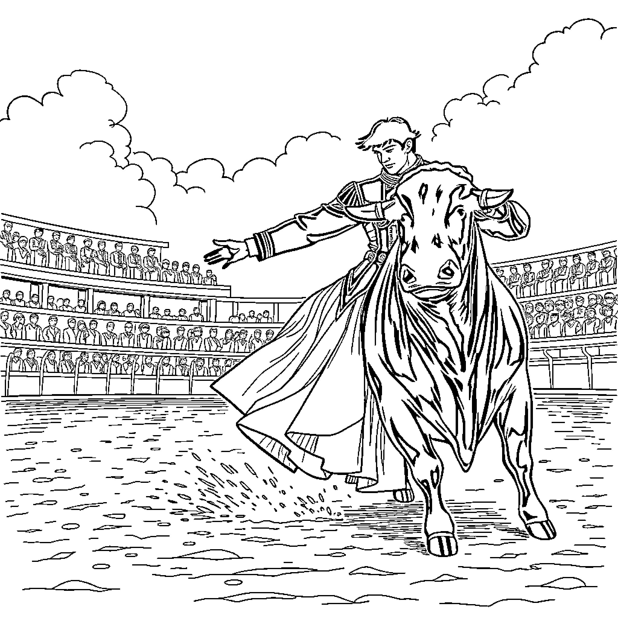 Torero Commanding Attention in the Bullfighting Arena Coloring Page (free black-and-white line drawing printable PDF for all, from beginners to advanced learners, including children, teens, adults, and seniors)