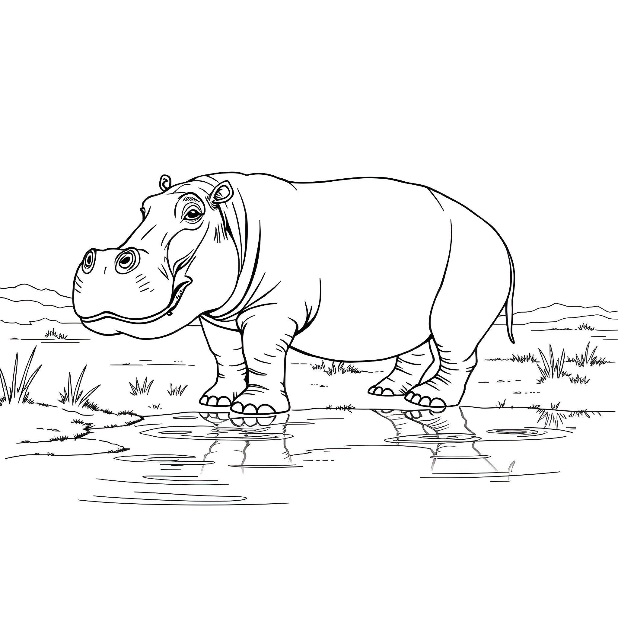 Hippopotamus wading in shallow water Coloring Page (free black-and-white line drawing printable PDF for all, from beginners to advanced learners, including children, teens, adults, and seniors)