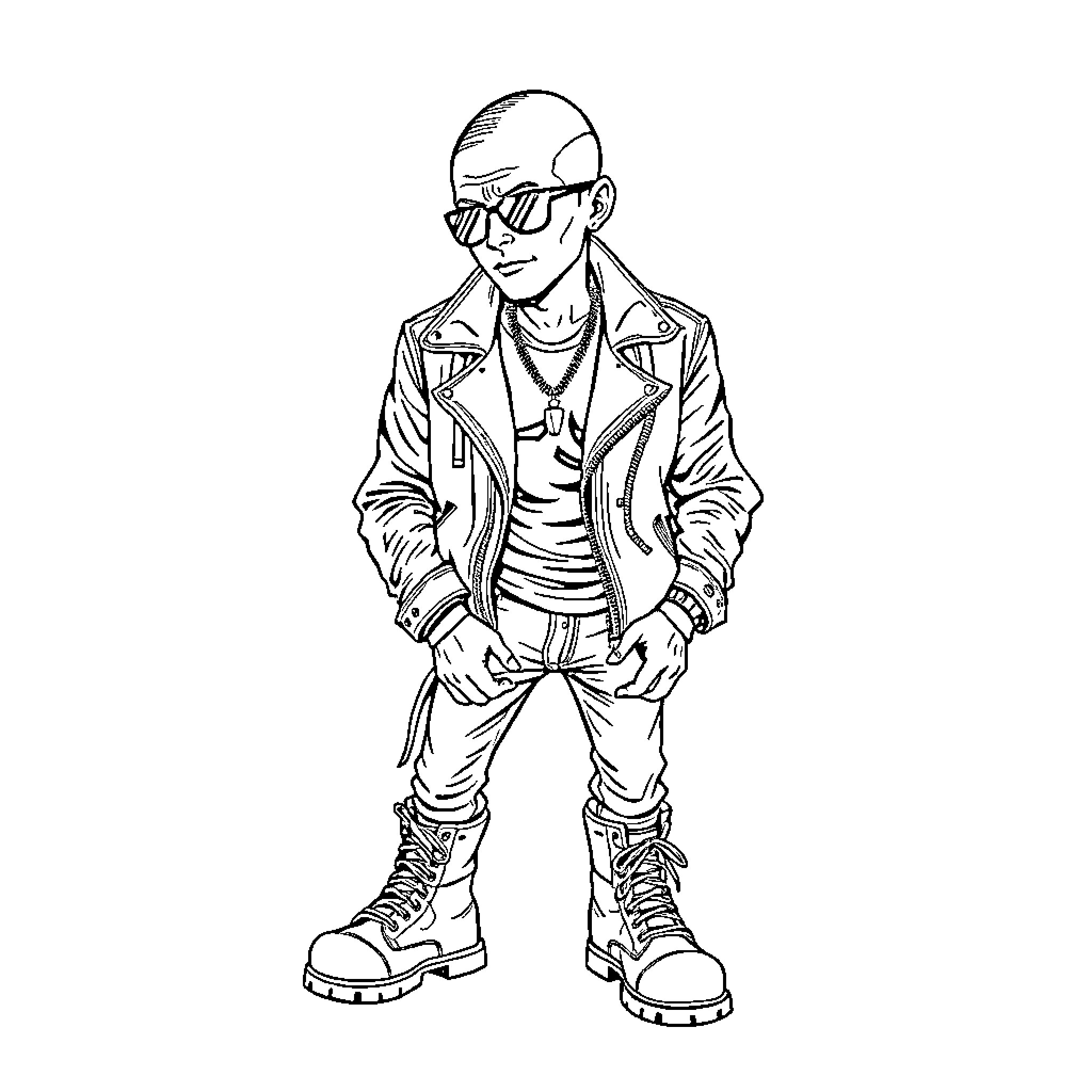 Punk Character in Edgy Outfit and Pose Coloring Page (free black-and-white line drawing printable PDF for all, from beginners to advanced learners, including children, teens, adults, and seniors)