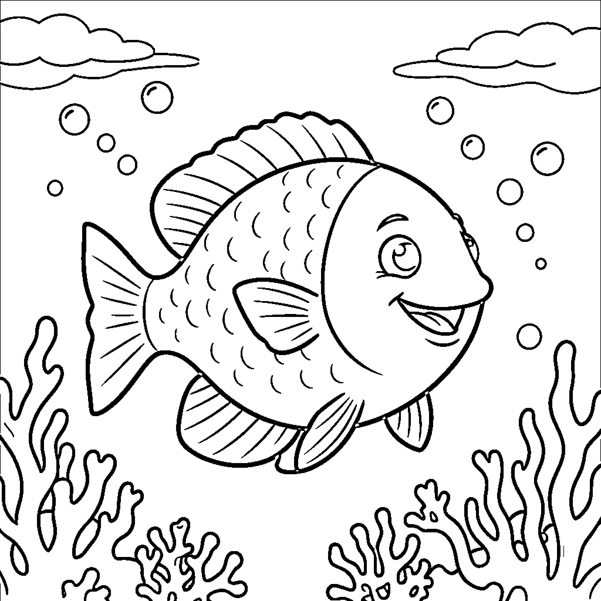 Funny Fish Playing in the Underwater Scenery Coloring Page (free black-and-white line drawing printable PDF for all, from beginners to advanced learners, including children, teens, adults, and seniors)