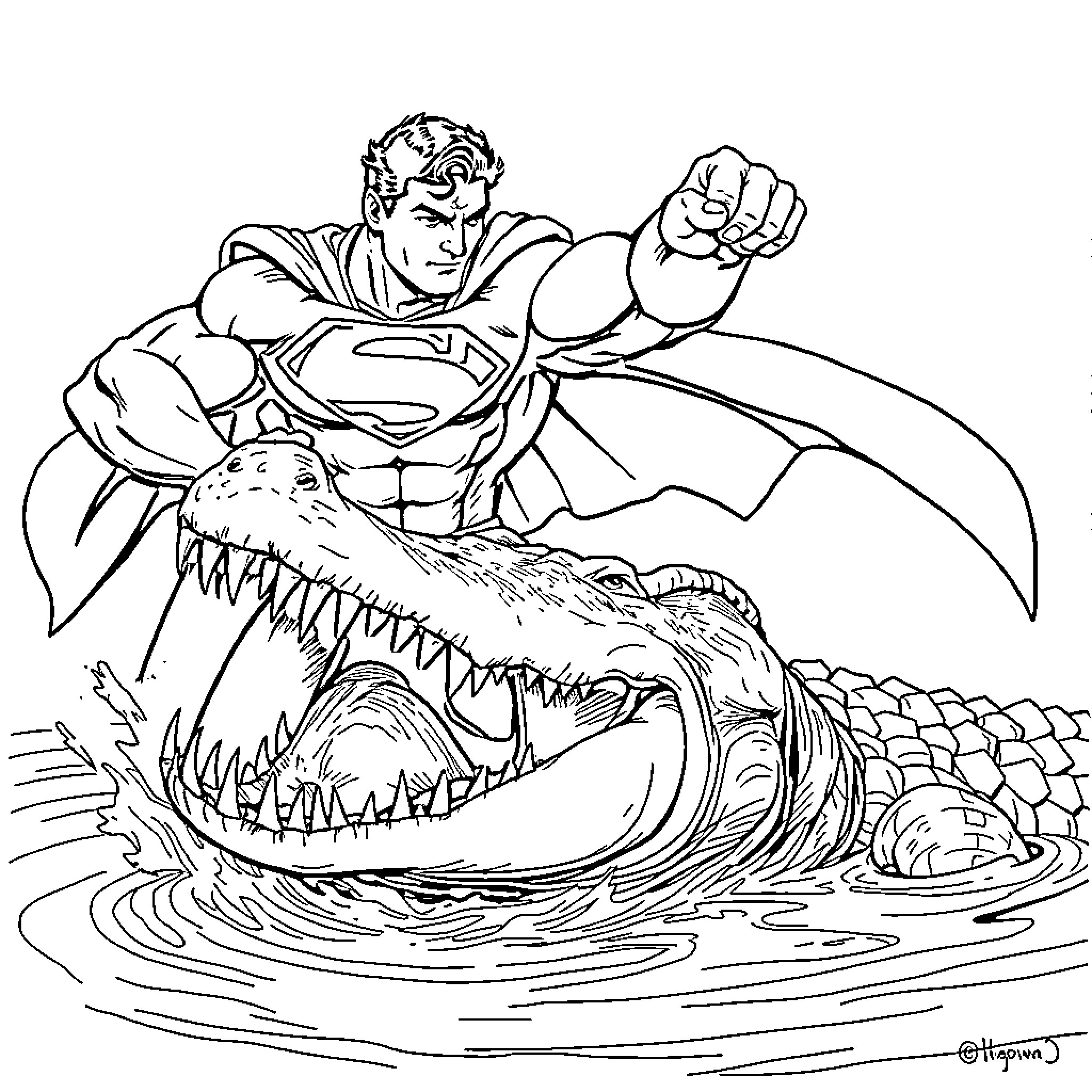Superman battling a monstrous creature Coloring Page (free black-and-white line drawing printable PDF for all, from beginners to advanced learners, including children, teens, adults, and seniors)