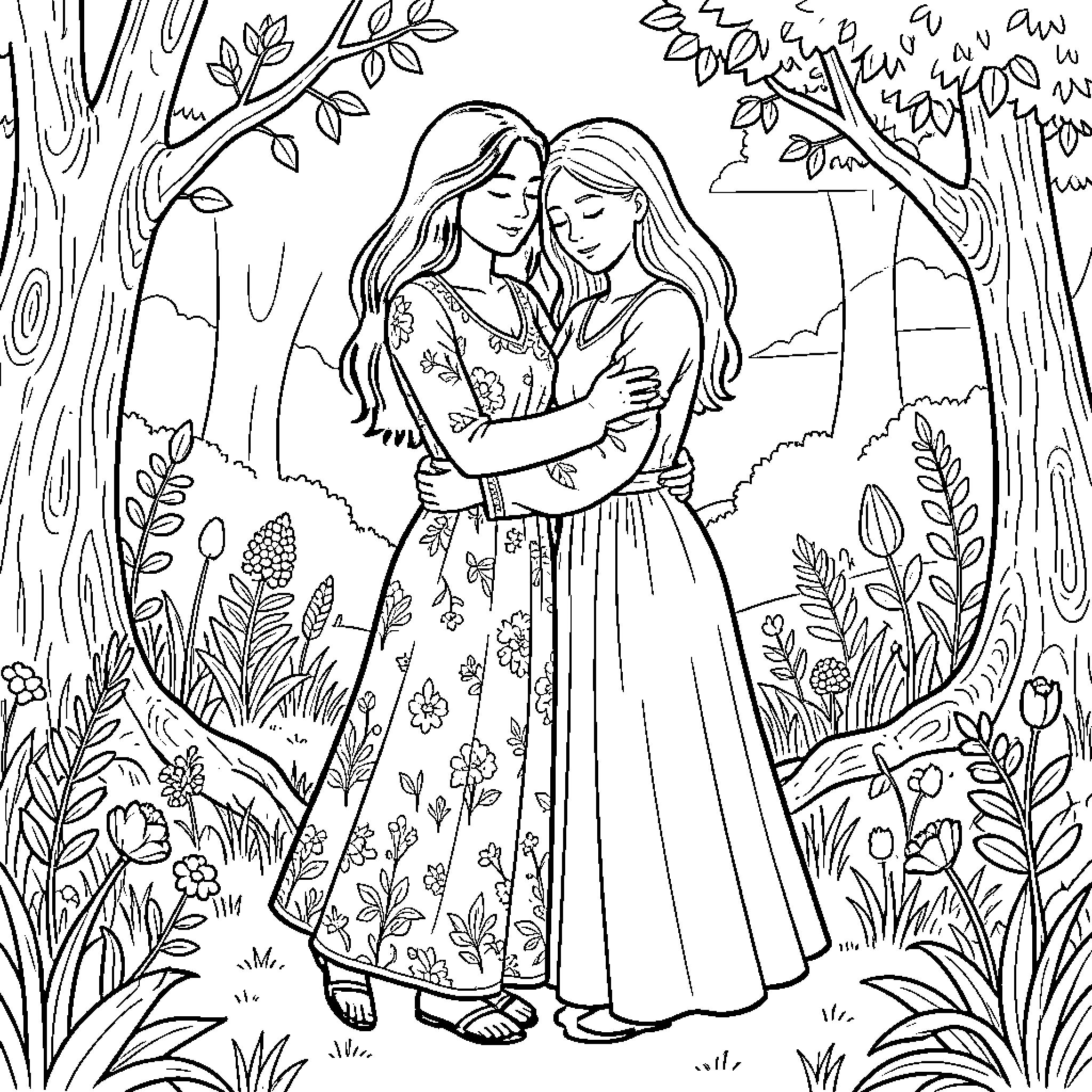 Women embracing in a floral forest Coloring Page (free black-and-white line drawing printable PDF for all, from beginners to advanced learners, including children, teens, adults, and seniors)