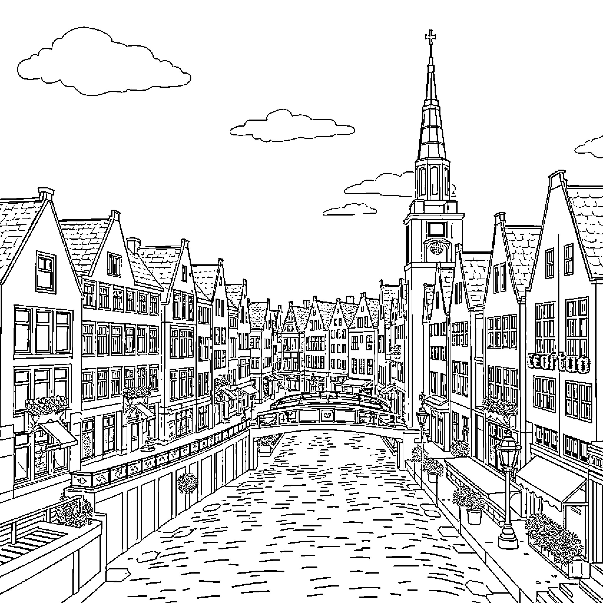 Venlo: Charming Cityscape with Iconic Spire Coloring Page (free black-and-white line drawing printable PDF for all, from beginners to advanced learners, including children, teens, adults, and seniors)