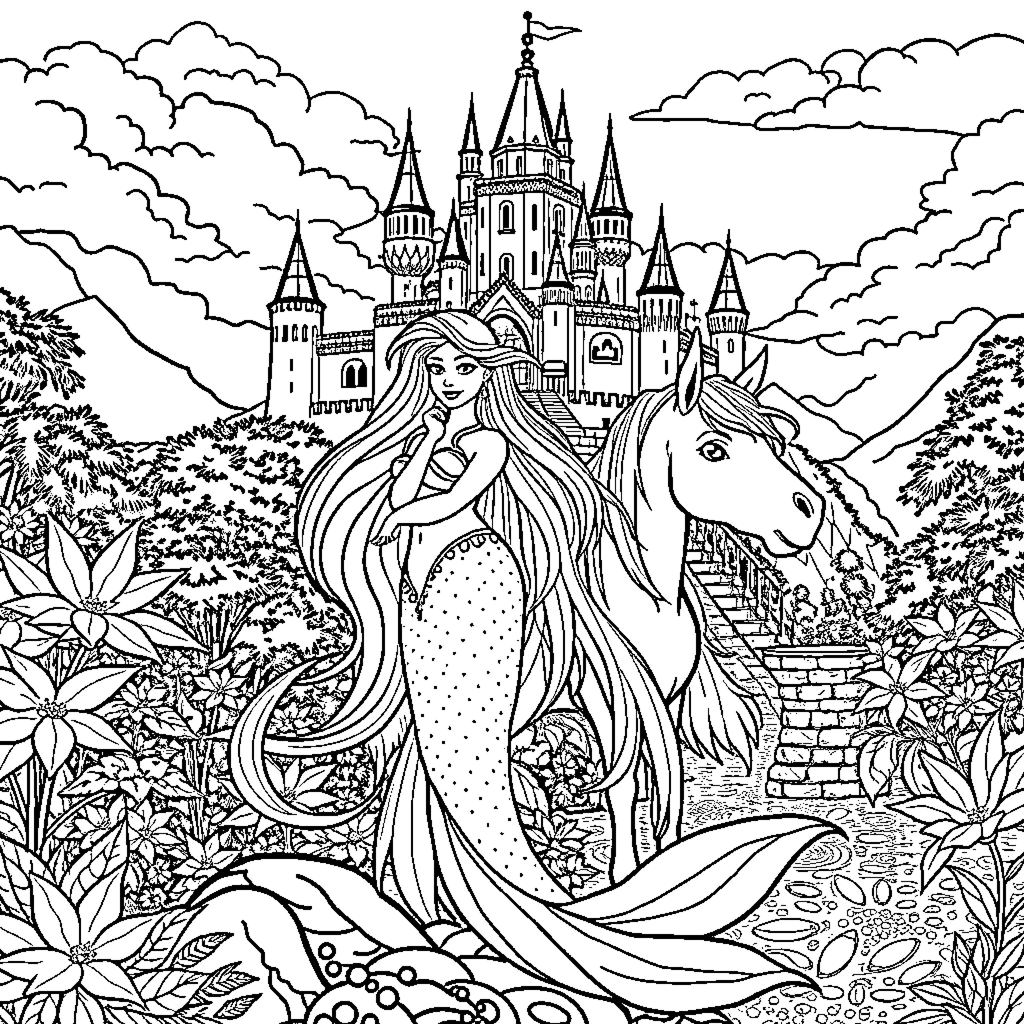 Mermaid Explores Enchanting Castle in Mystical Garden Coloring Page (free black-and-white line drawing printable PDF for all, from beginners to advanced learners, including children, teens, adults, and seniors)