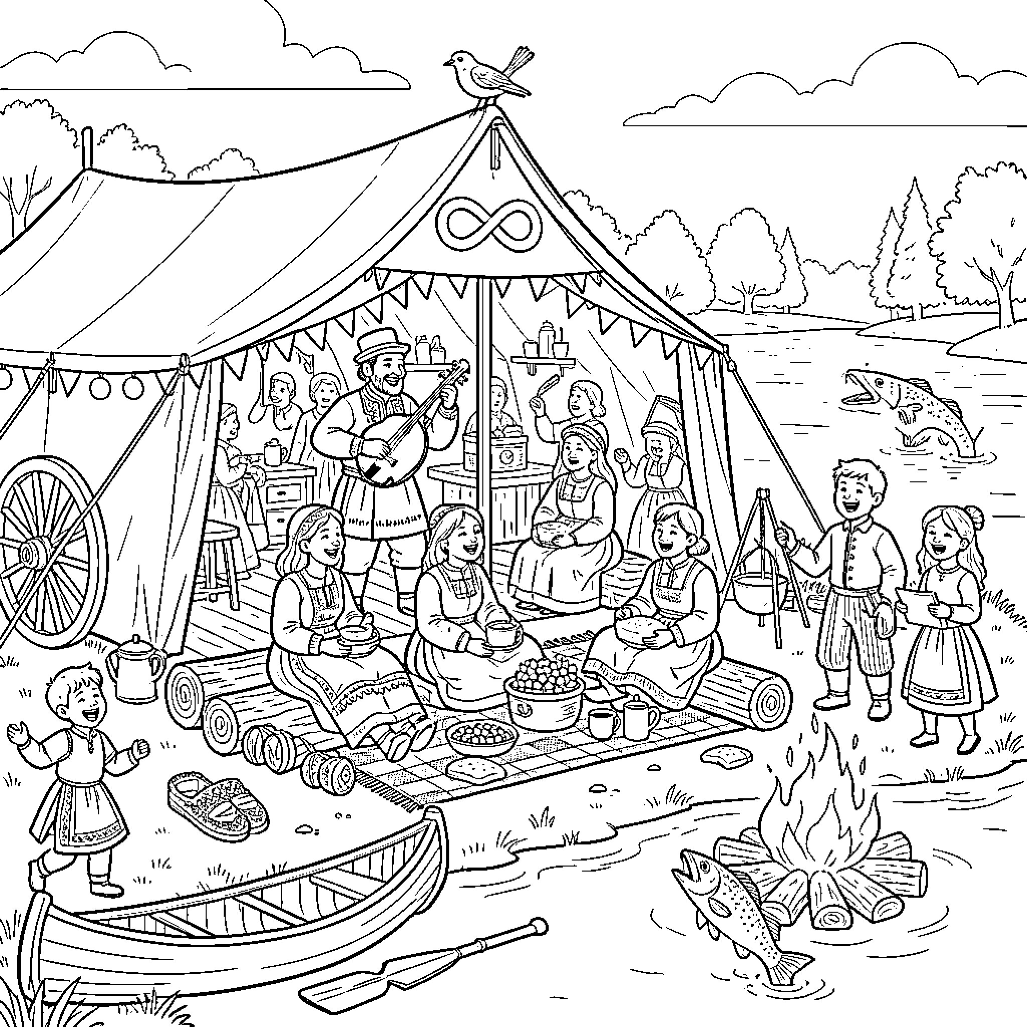 Métis Festival with people celebrating and sharing food outdoors Coloring Page (free black-and-white line drawing printable PDF for all, from beginners to advanced learners, including children, teens, adults, and seniors)