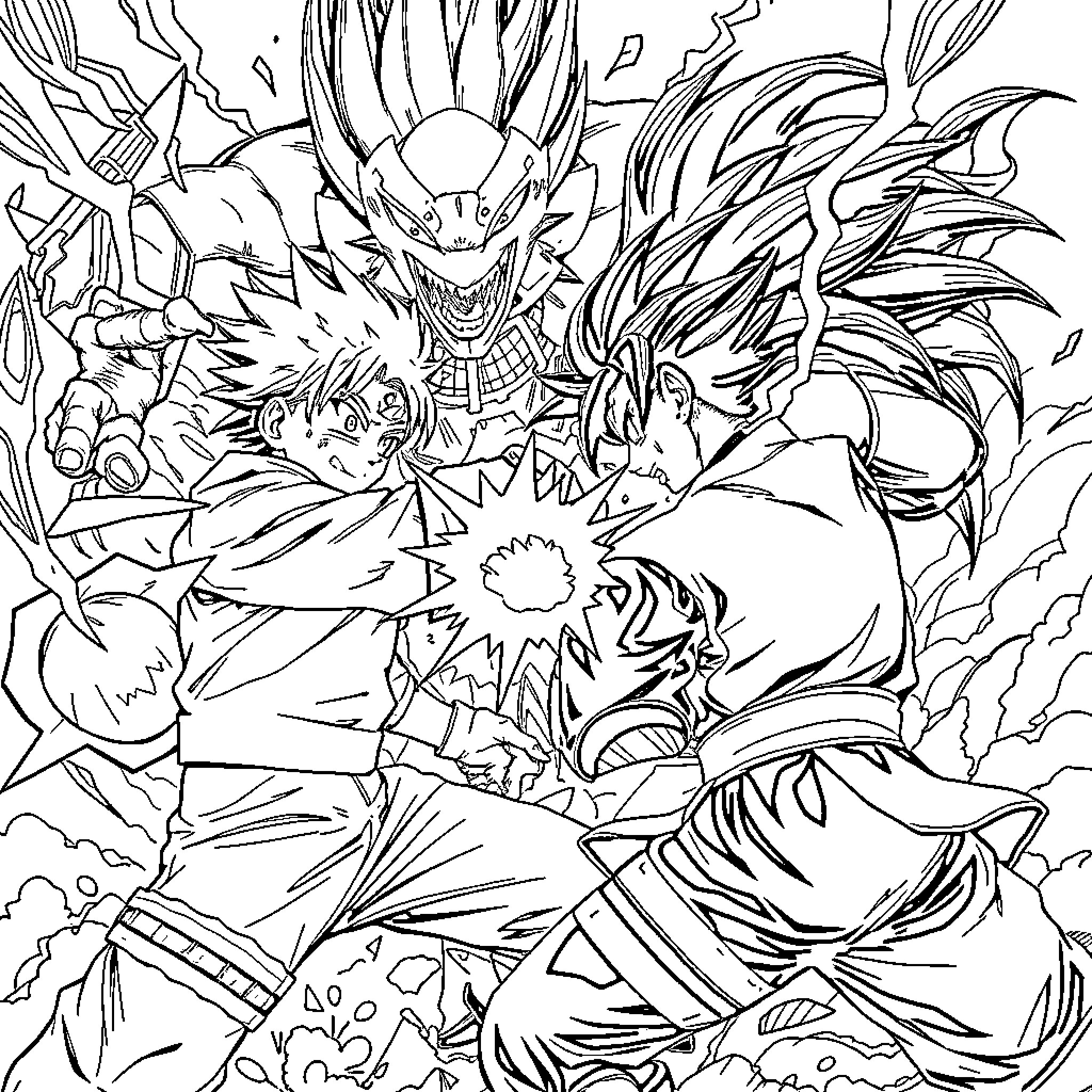Naruto characters in intense action and battle scene Coloring Page (free black-and-white line drawing printable PDF for all, from beginners to advanced learners, including children, teens, adults, and seniors)