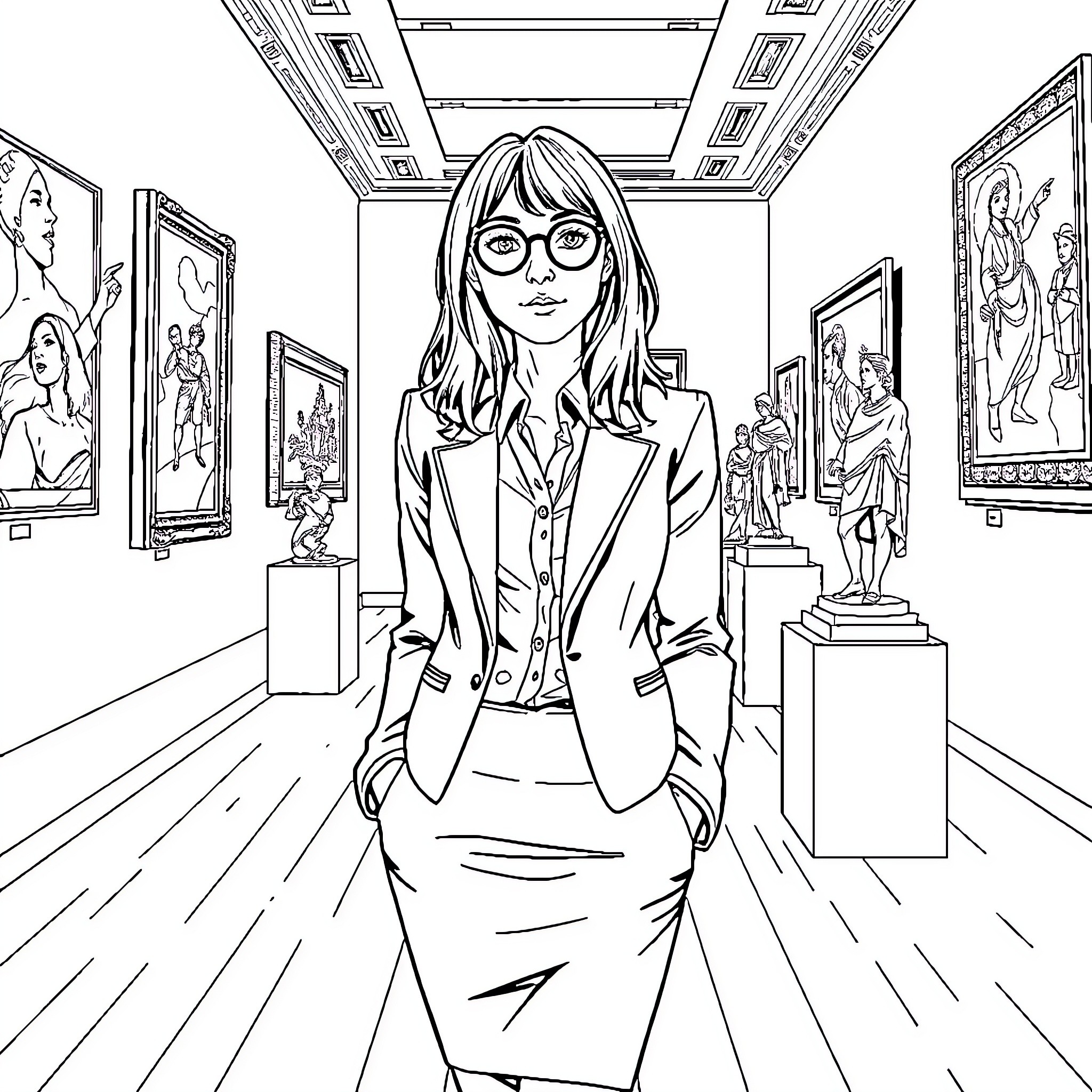 Girl exploring art gallery with confidence and curiosity Coloring Page (free black-and-white line drawing printable PDF for all, from beginners to advanced learners, including children, teens, adults, and seniors)