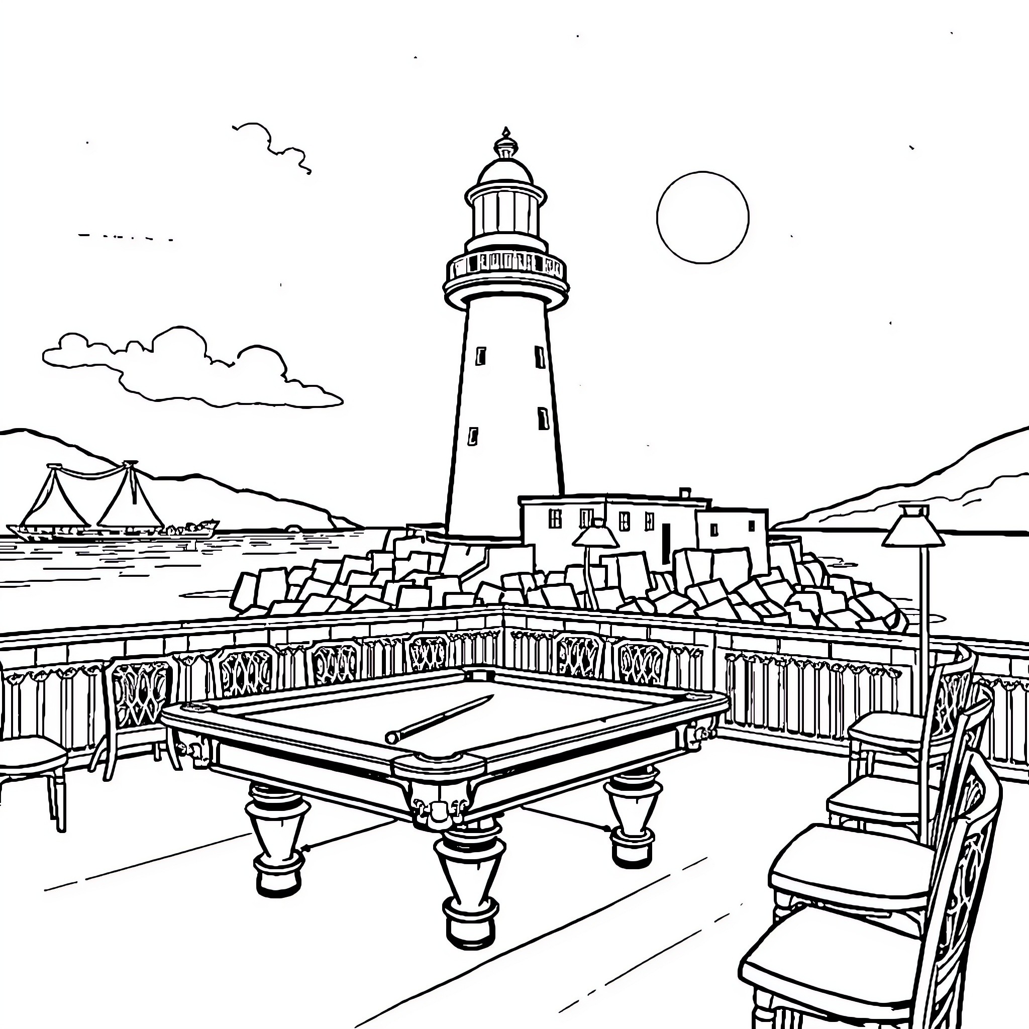 Penlan Lighthouse Overlooking the Picturesque Landscape Coloring Page (free black-and-white line drawing printable PDF for all, from beginners to advanced learners, including children, teens, adults, and seniors)