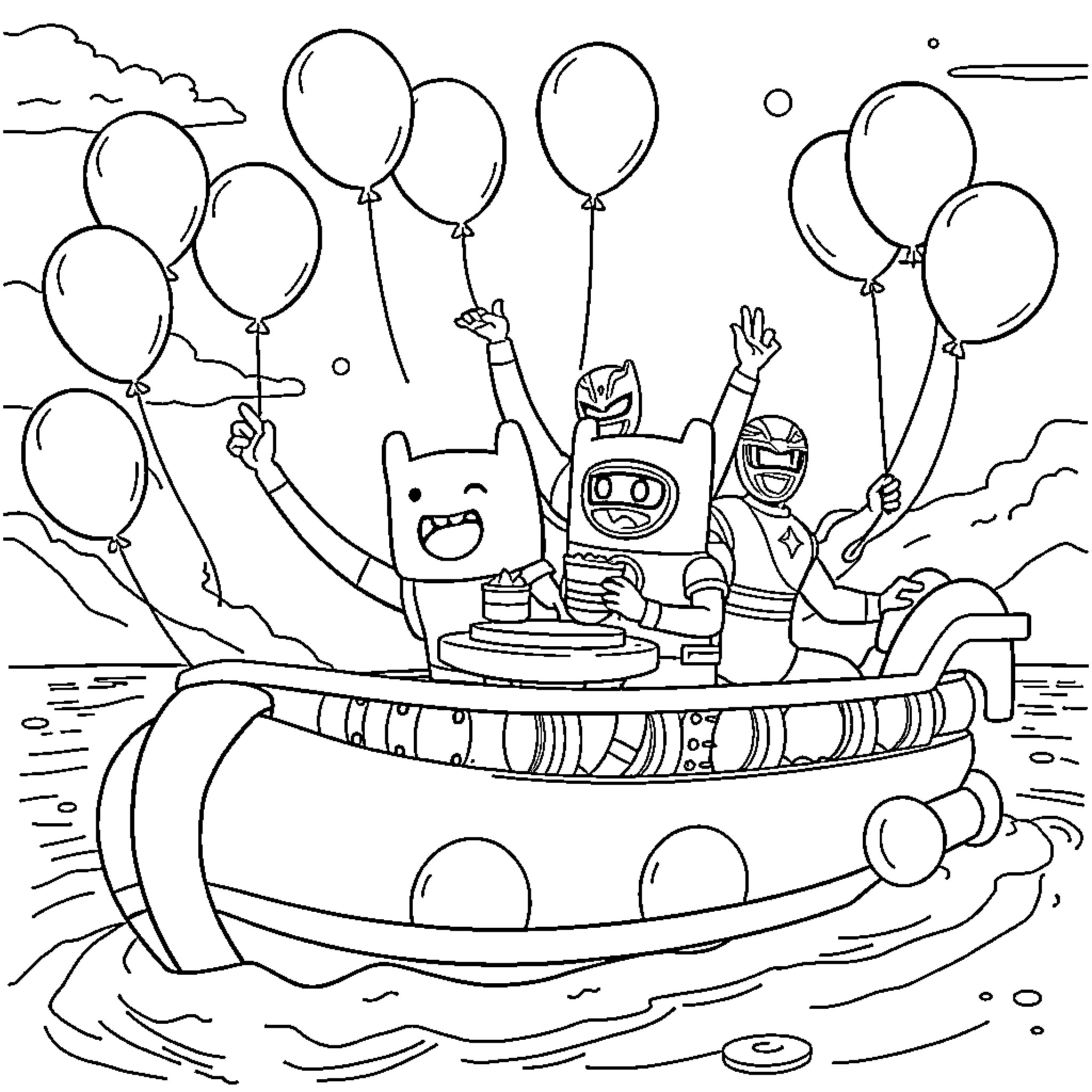Jake and friends celebrate with balloons Coloring Page (free black-and-white line drawing printable PDF for all, from beginners to advanced learners, including children, teens, adults, and seniors)