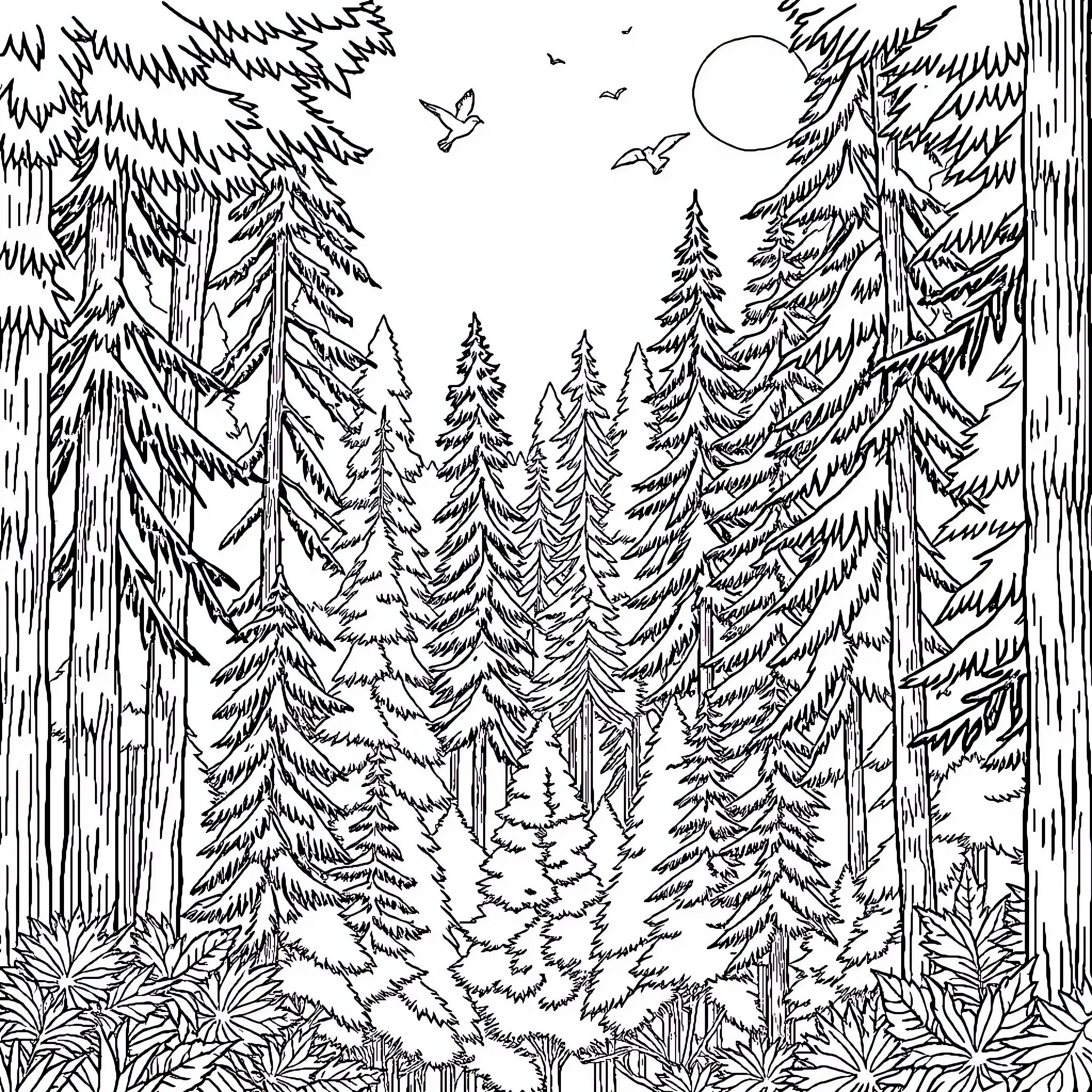 Forest with towering pine trees and birds in the sky Coloring Page (free black-and-white line drawing printable PDF for all, from beginners to advanced learners, including children, teens, adults, and seniors)