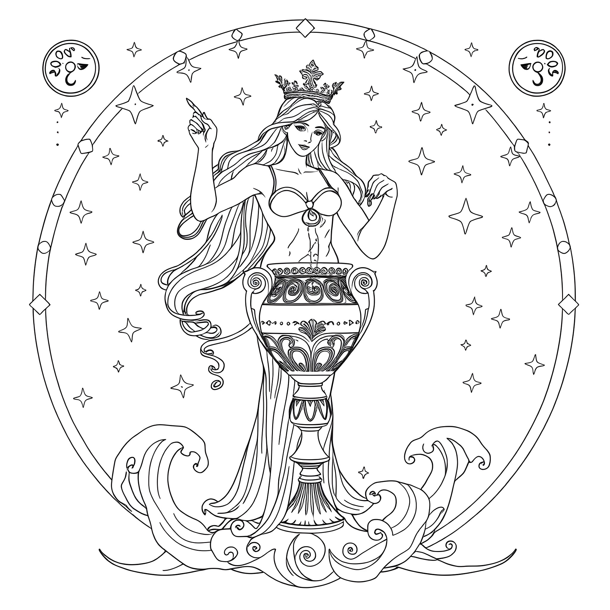 Aquarius zodiac sign woman with urn Coloring Page (free black-and-white line drawing printable PDF for all, from beginners to advanced learners, including children, teens, adults, and seniors)