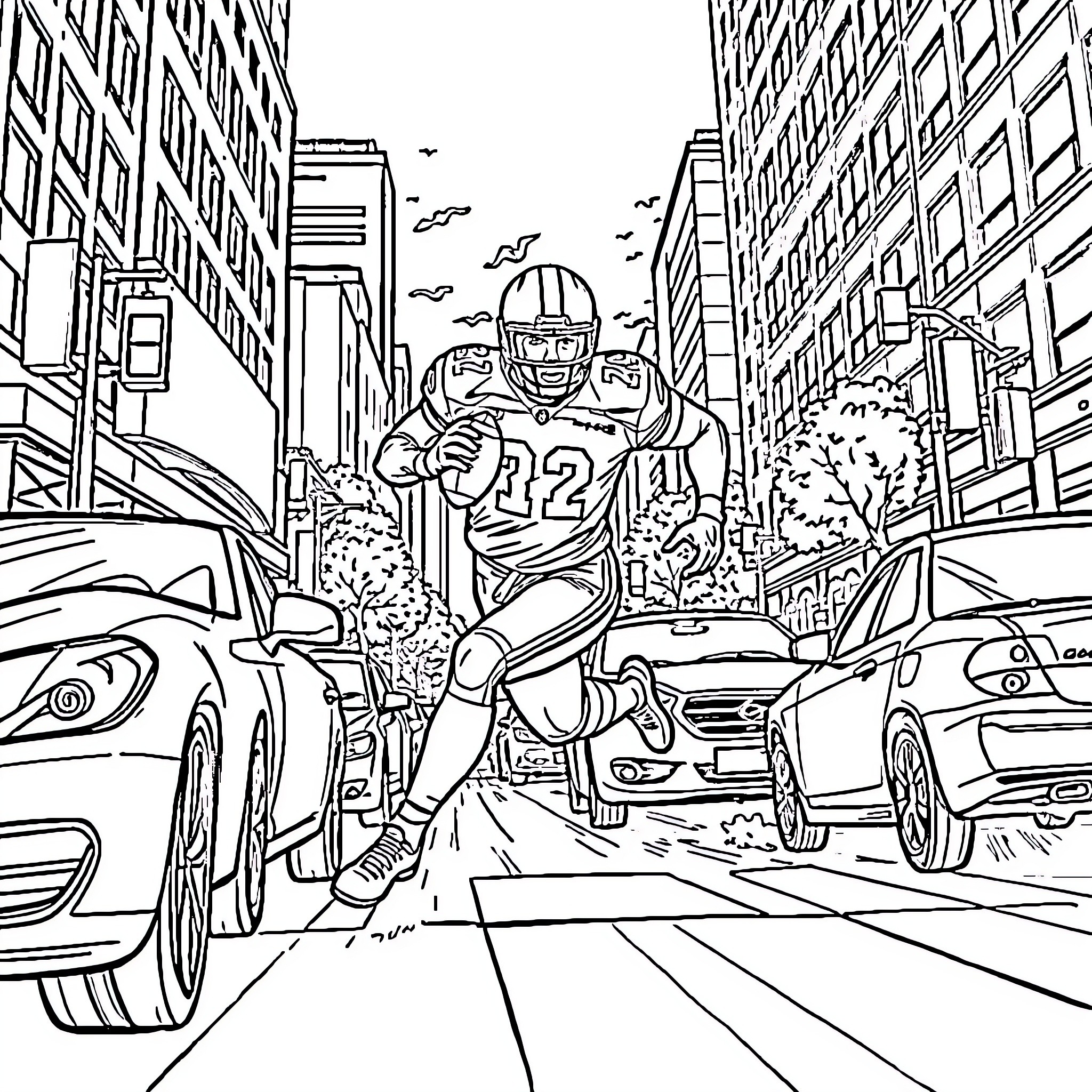 Football Player Running on City Street Coloring Page (free black-and-white line drawing printable PDF for all, from beginners to advanced learners, including children, teens, adults, and seniors)