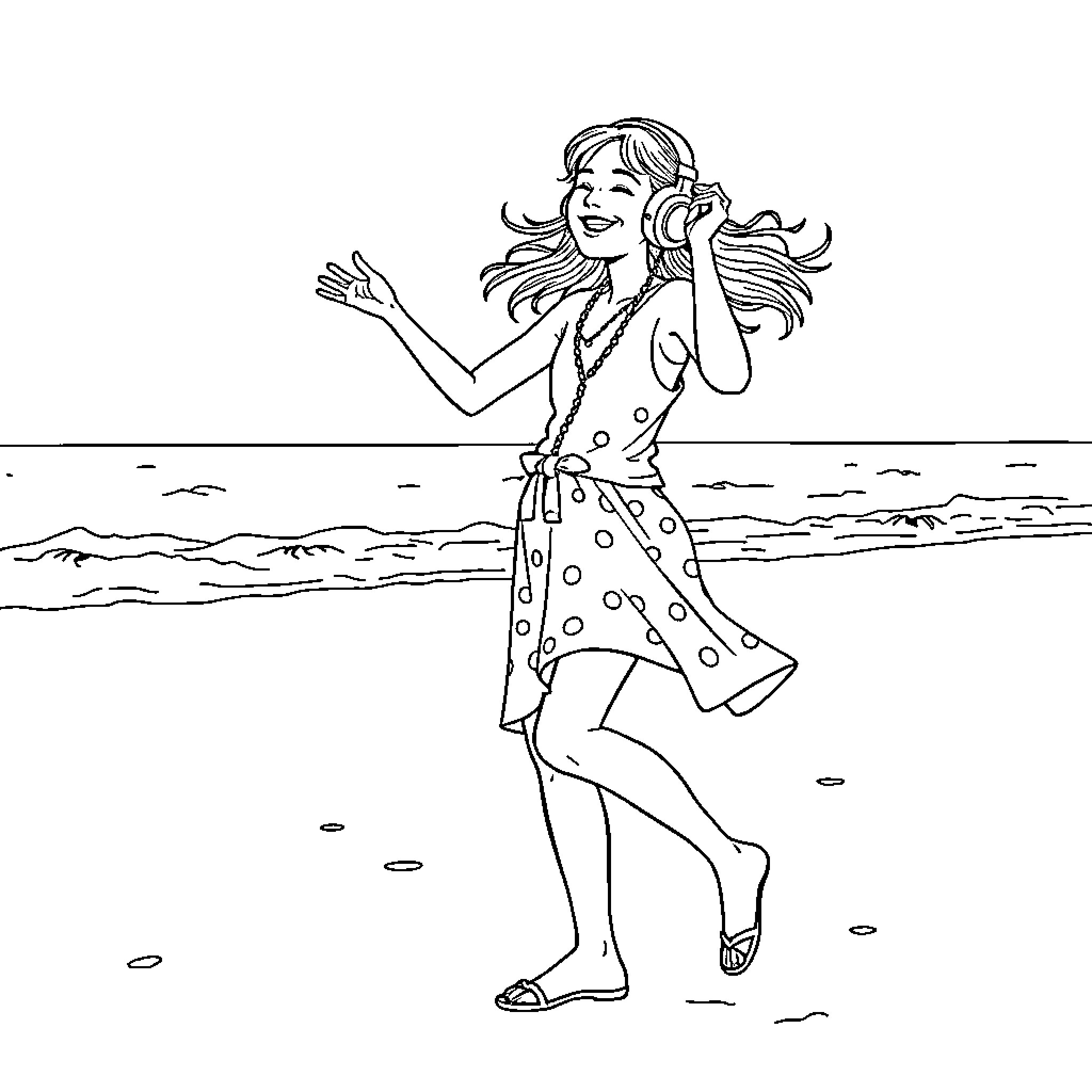 Girl enjoying the beach with a happy expression Coloring Page (free black-and-white line drawing printable PDF for all, from beginners to advanced learners, including children, teens, adults, and seniors)
