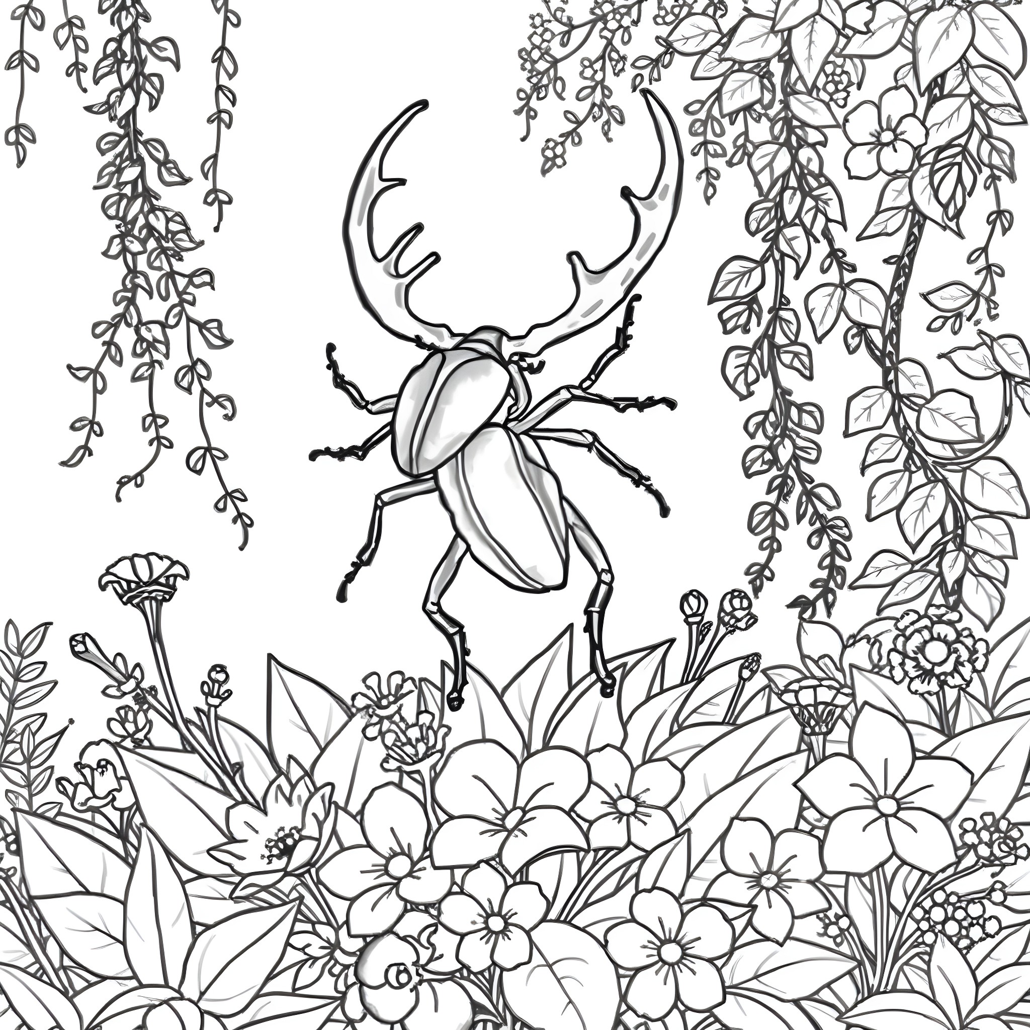 Stag Beetle Among Whimsical Floral Foliage Coloring Page (free black-and-white line drawing printable PDF for all, from beginners to advanced learners, including children, teens, adults, and seniors)