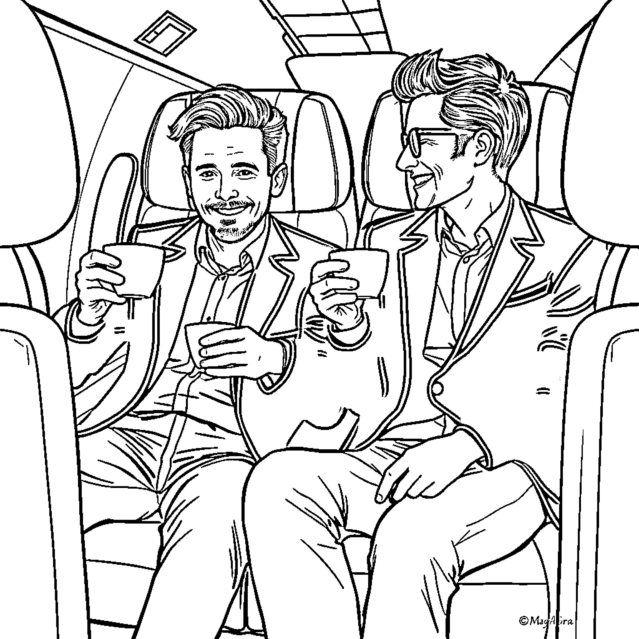 Tom and Friend Enjoy Drinks in a Vehicle Coloring Page (free black-and-white line drawing printable PDF for all, from beginners to advanced learners, including children, teens, adults, and seniors)