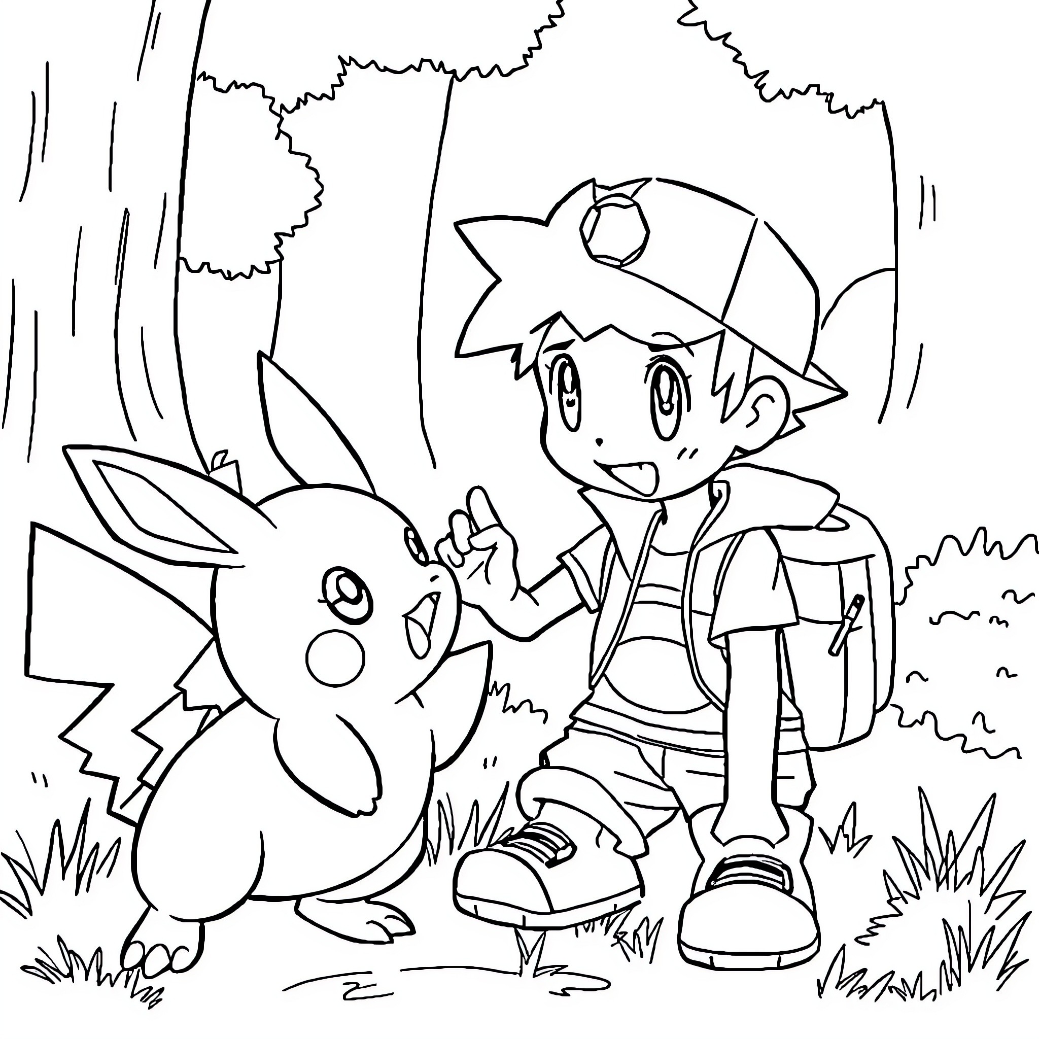 Pokémon trainer with partner in forest scene Coloring Page (free black-and-white line drawing printable PDF for all, from beginners to advanced learners, including children, teens, adults, and seniors)