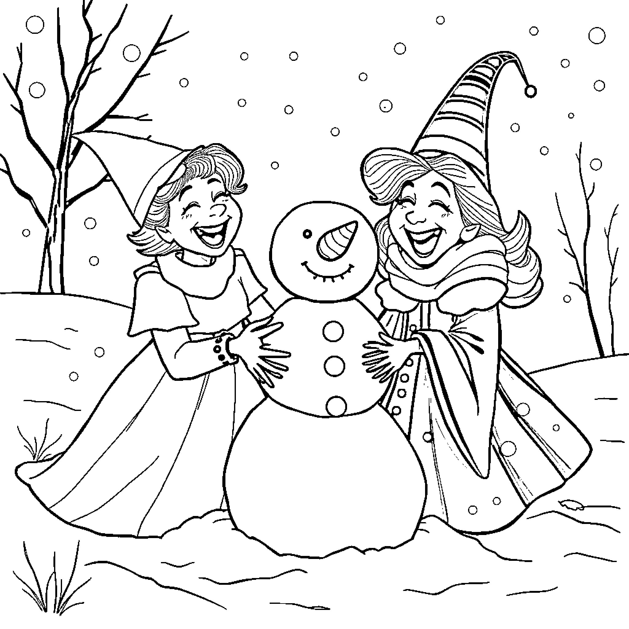 Witch Friends Building a Joyful Snowman Coloring Page (free black-and-white line drawing printable PDF for all, from beginners to advanced learners, including children, teens, adults, and seniors)