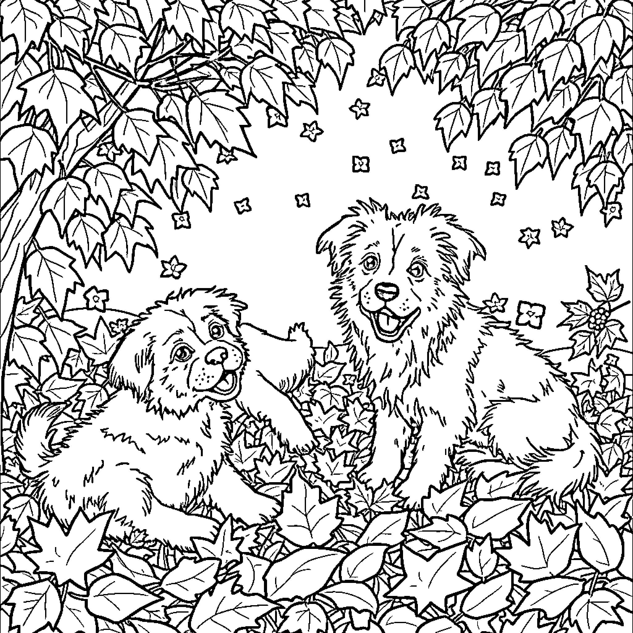 Dog playing happily in autumn leaves Coloring Page (free black-and-white line drawing printable PDF for all, from beginners to advanced learners, including children, teens, adults, and seniors)