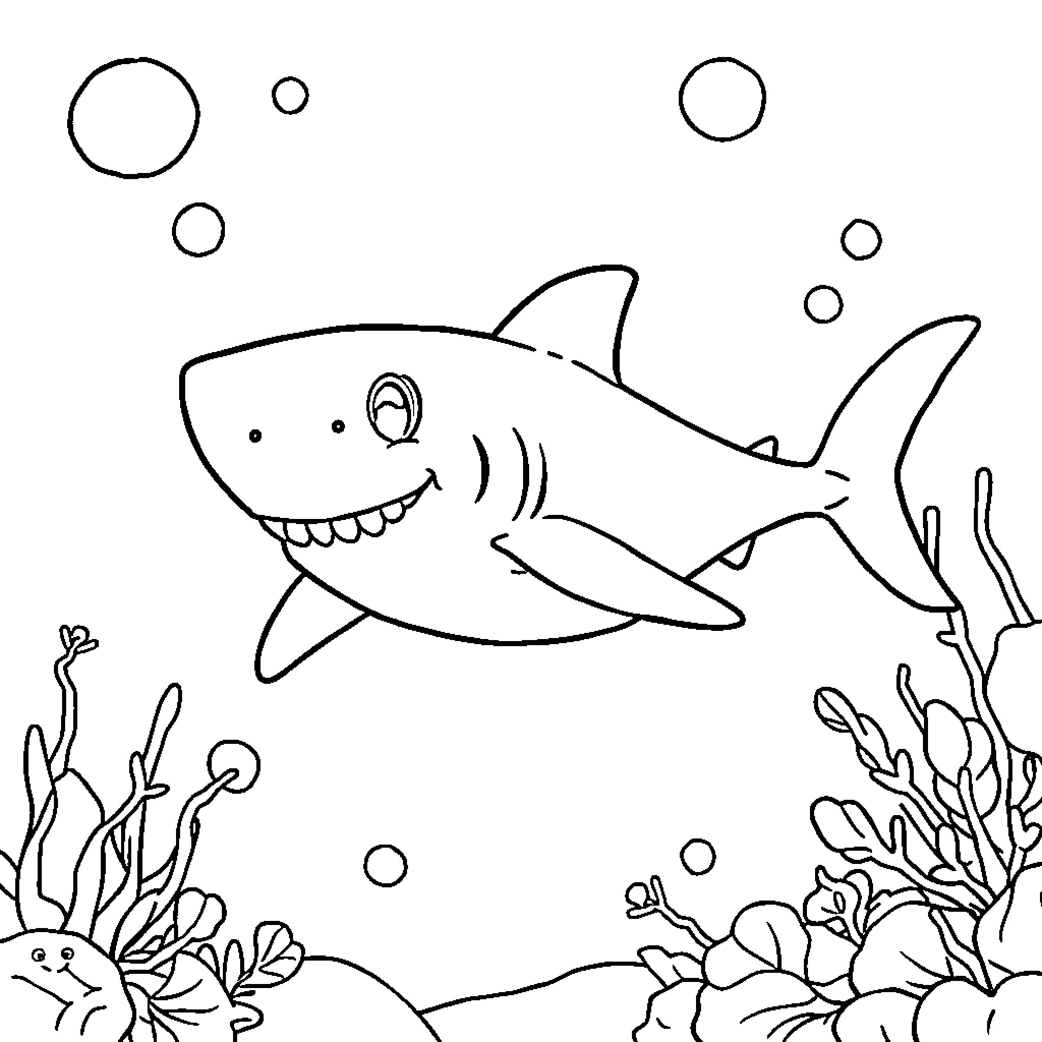 Shark swimming happily in the ocean Coloring Page (free black-and-white line drawing printable PDF for all, from beginners to advanced learners, including children, teens, adults, and seniors)