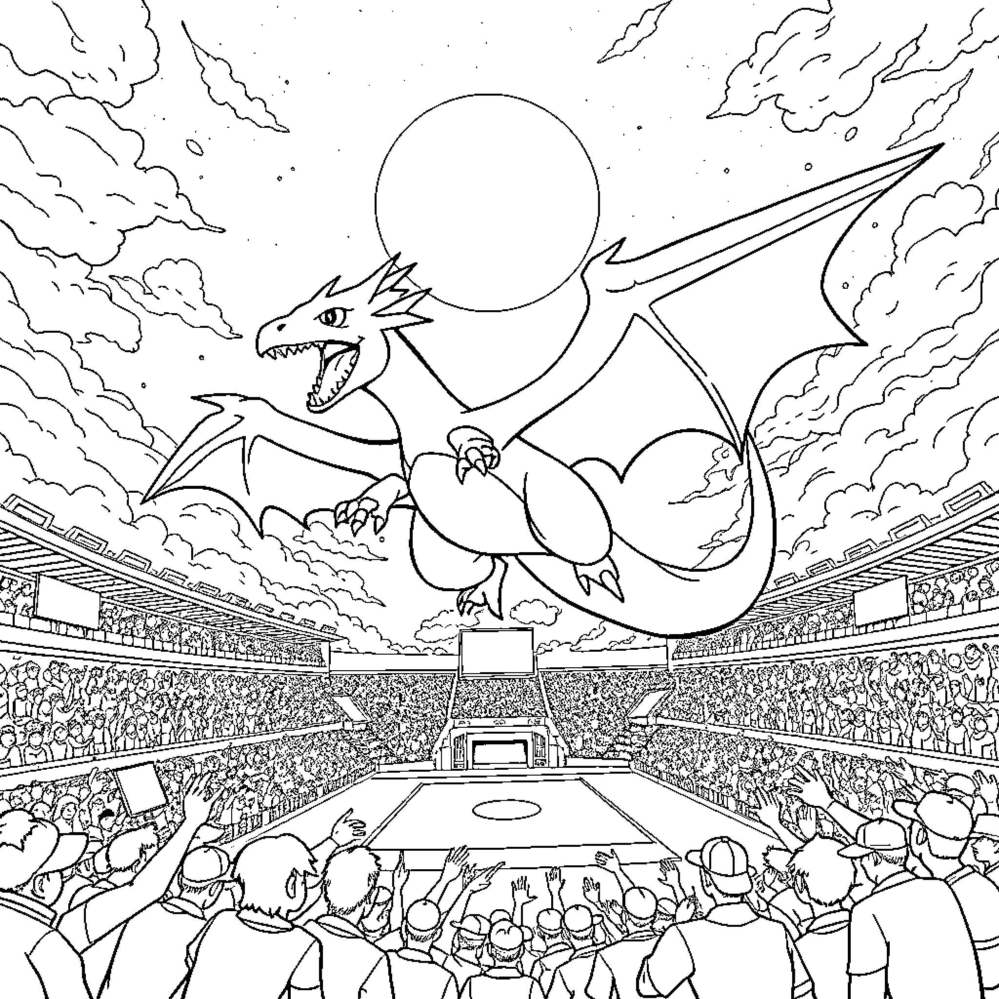 Charizard Unleashing Fiery Power in a Massive Stadium Coloring Page (free black-and-white line drawing printable PDF for all, from beginners to advanced learners, including children, teens, adults, and seniors)