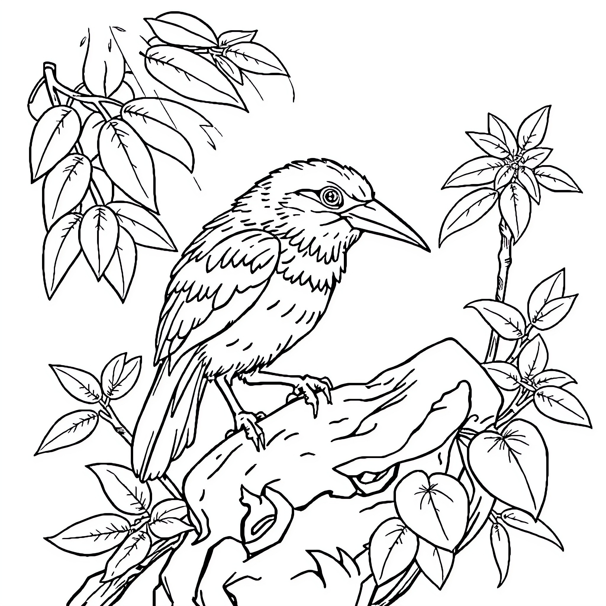Singa bird perching amidst tropical foliage Coloring Page (free black-and-white line drawing printable PDF for all, from beginners to advanced learners, including children, teens, adults, and seniors)