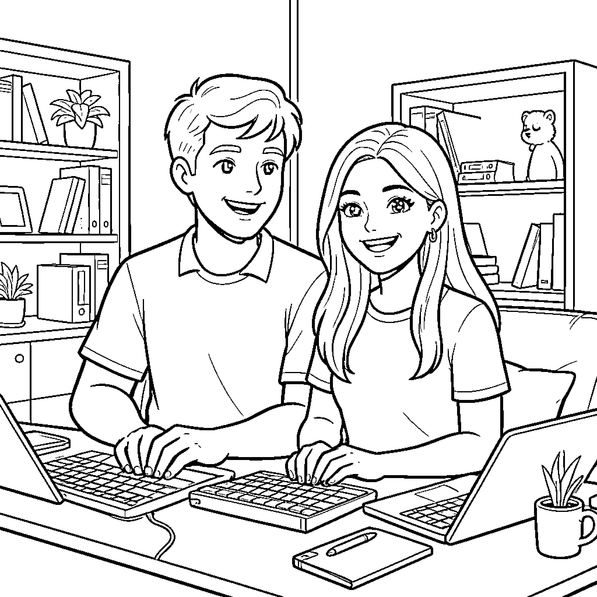 Family working together on computers Coloring Page (free black-and-white line drawing printable PDF for all, from beginners to advanced learners, including children, teens, adults, and seniors)