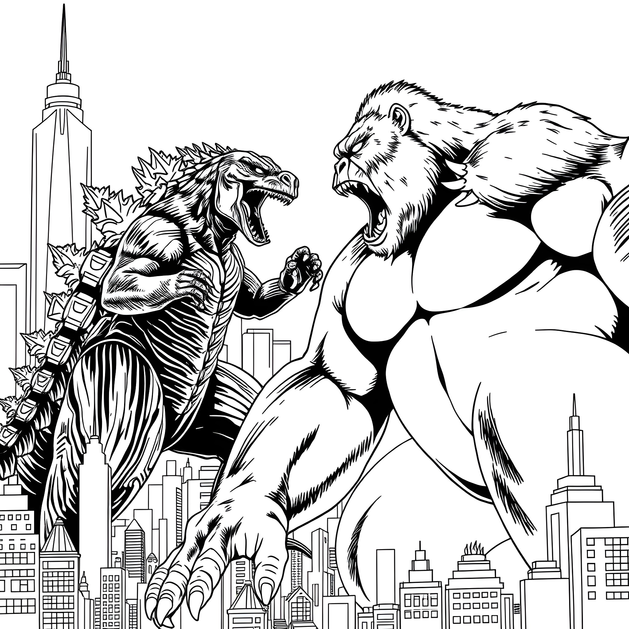 Godzilla battling a fierce beast in the city Coloring Page (free black-and-white line drawing printable PDF for all, from beginners to advanced learners, including children, teens, adults, and seniors)