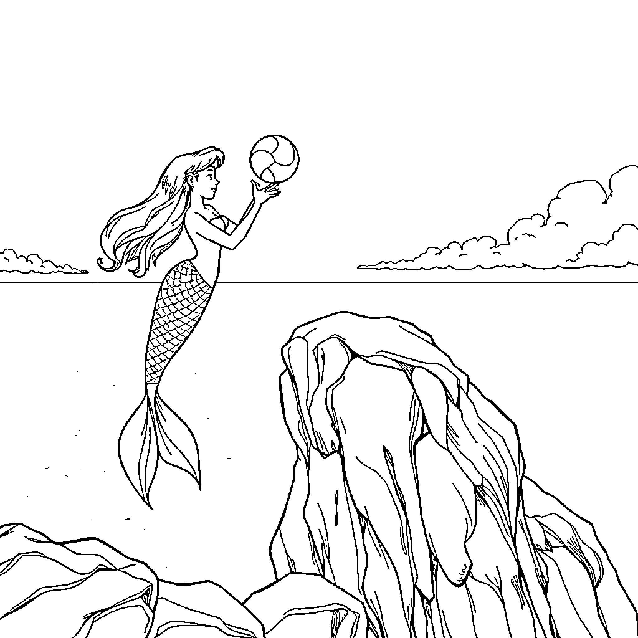 Mermaid playing with ocean waves Coloring Page (free black-and-white line drawing printable PDF for all, from beginners to advanced learners, including children, teens, adults, and seniors)