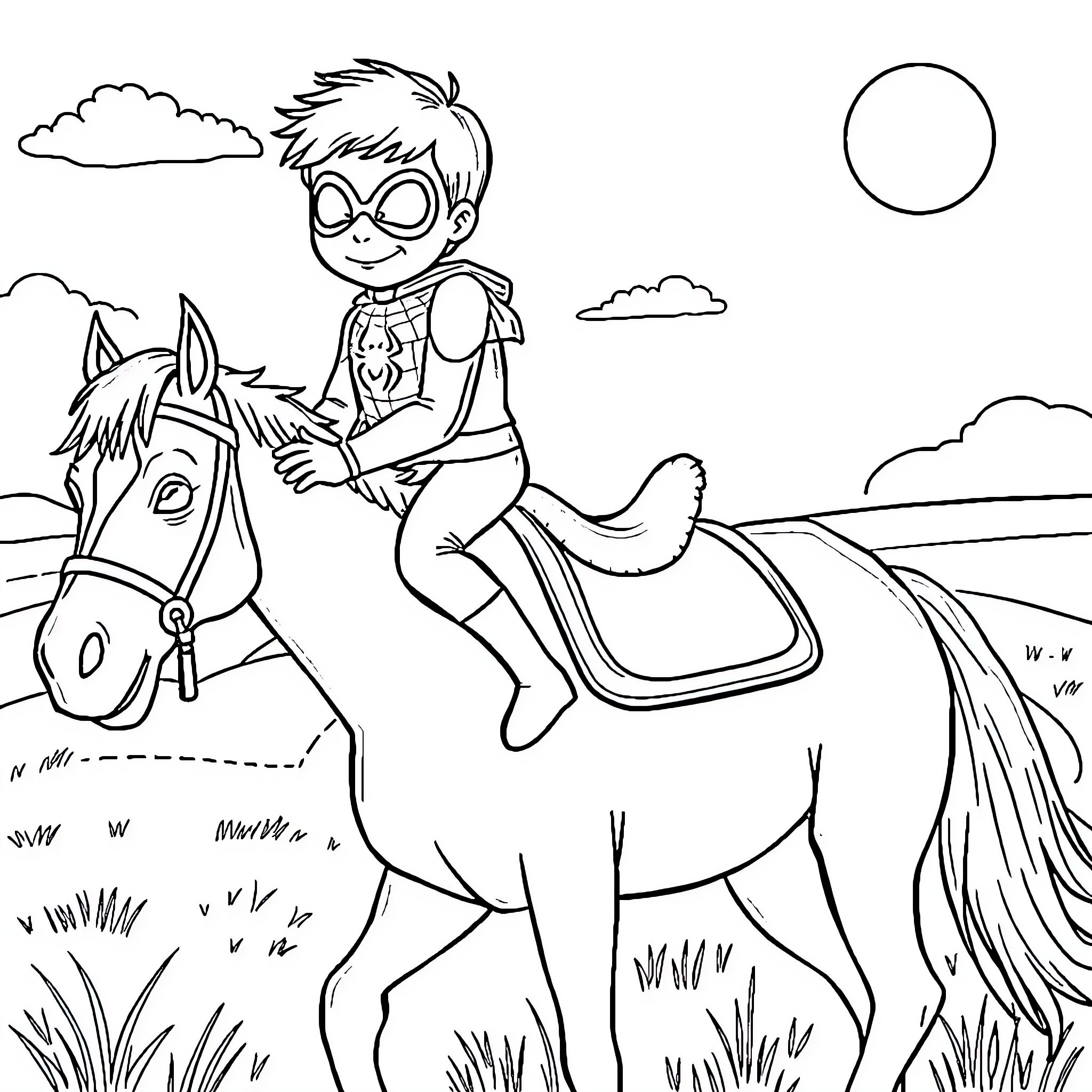 Child riding a horse in the countryside Coloring Page (free black-and-white line drawing printable PDF for all, from beginners to advanced learners, including children, teens, adults, and seniors)