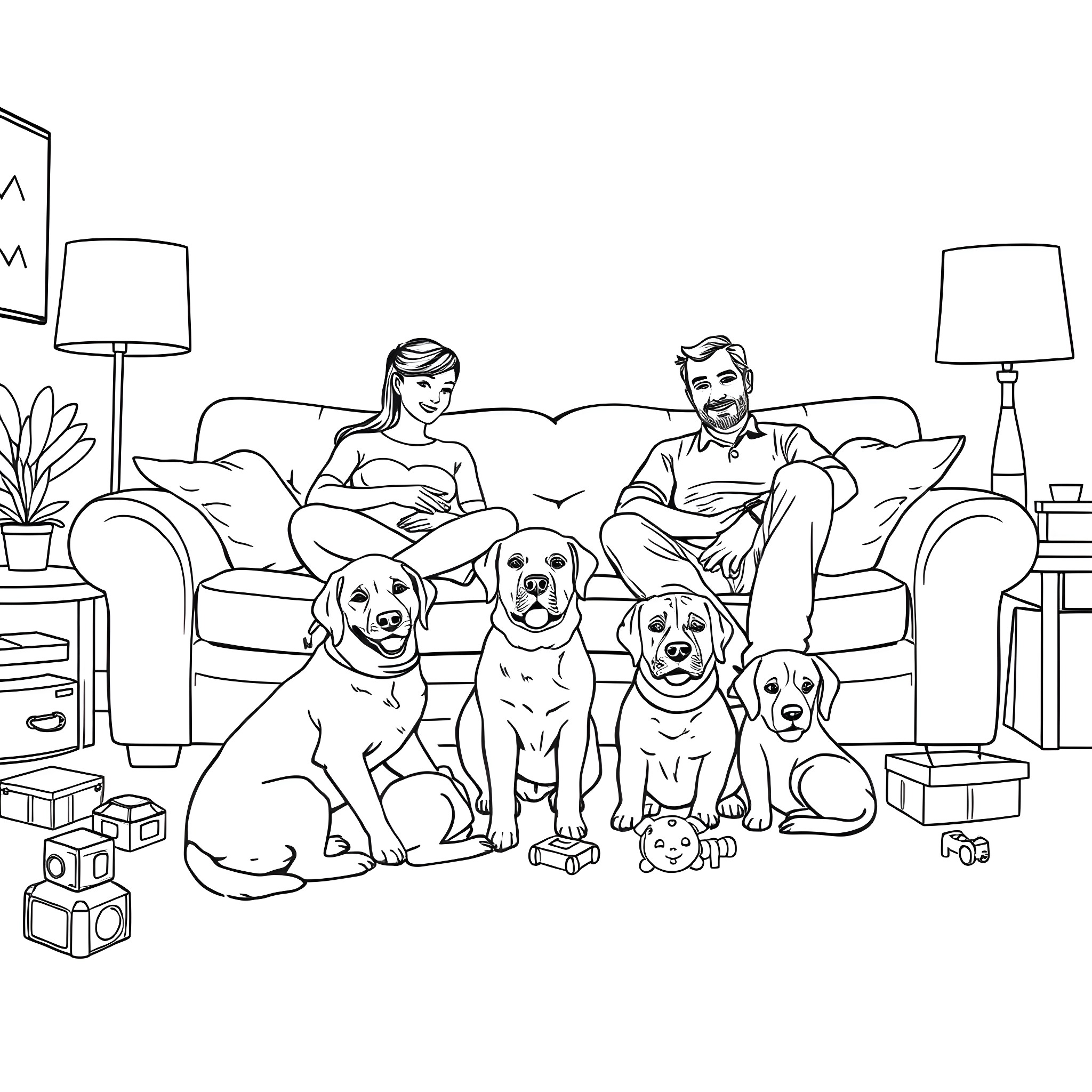 Dog family enjoying quality time at home Coloring Page (free black-and-white line drawing printable PDF for all, from beginners to advanced learners, including children, teens, adults, and seniors)