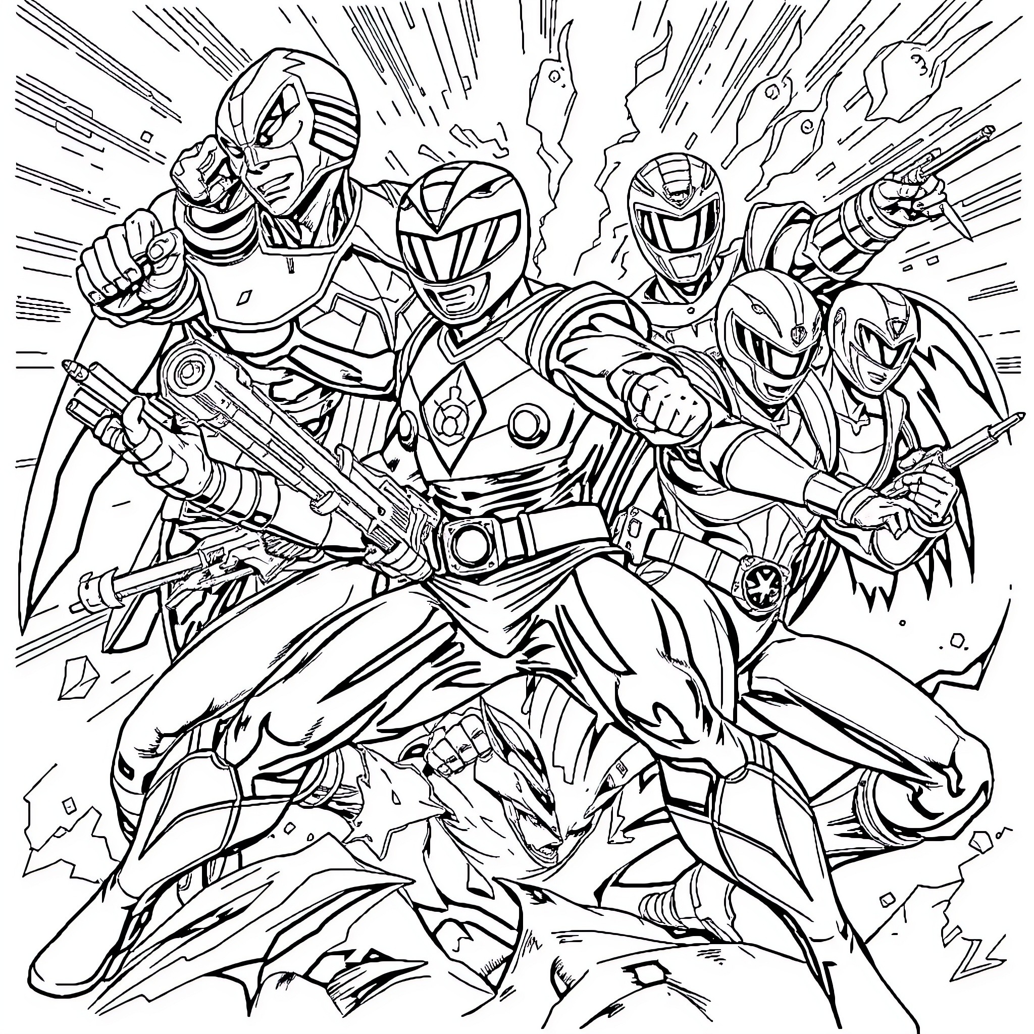 Power Rangers in Heroic Action Pose Coloring Page (free black-and-white line drawing printable PDF for all, from beginners to advanced learners, including children, teens, adults, and seniors)
