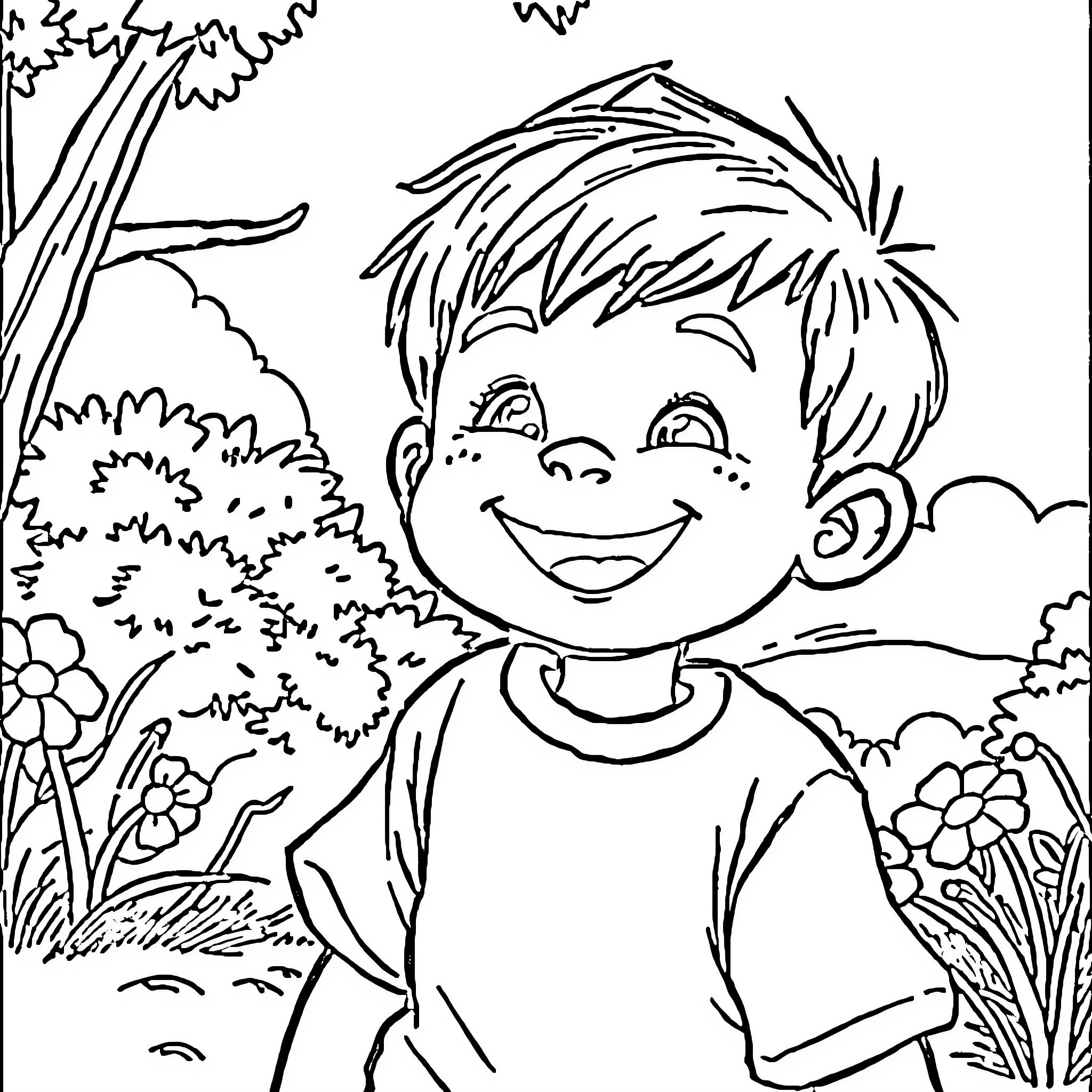 Mikey's Cheerful Outdoor Adventure Coloring Page (free black-and-white line drawing printable PDF for all, from beginners to advanced learners, including children, teens, adults, and seniors)