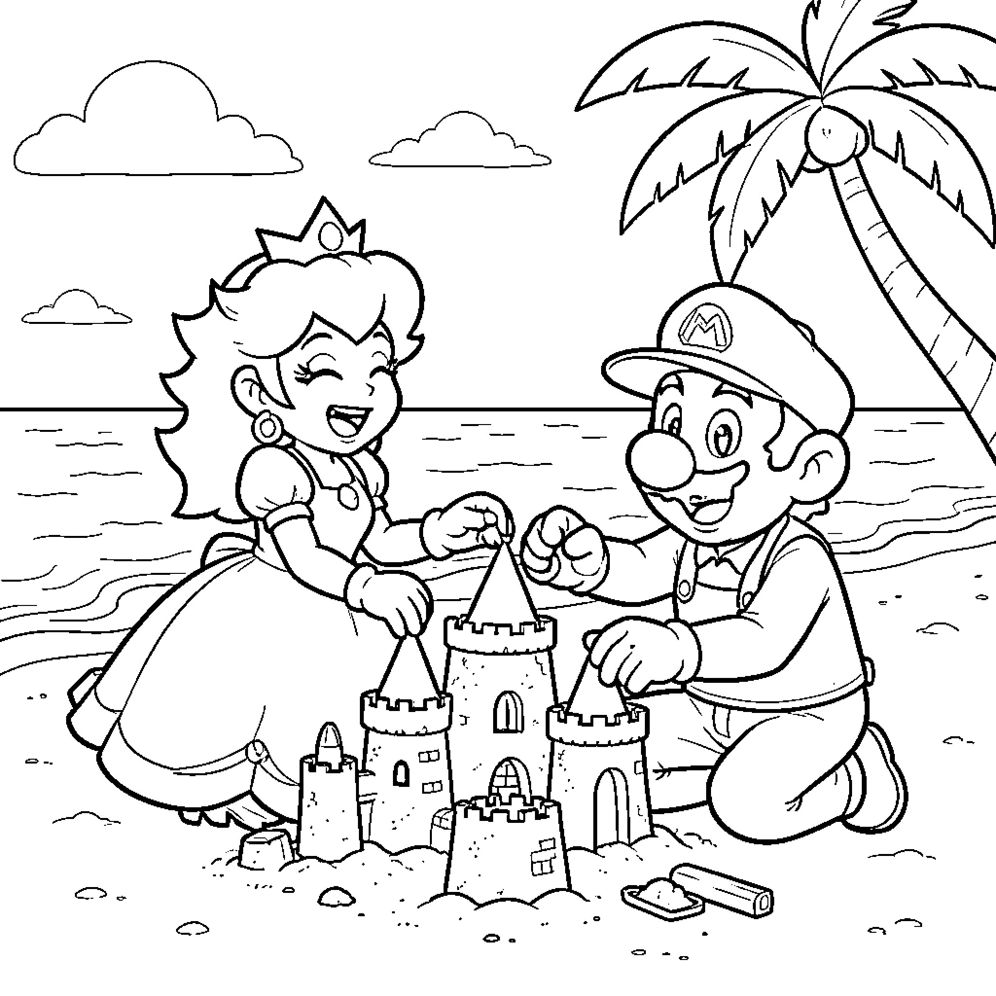 Princess Peach and Mario building a sandcastle at the beach Coloring Page (free black-and-white line drawing printable PDF for all, from beginners to advanced learners, including children, teens, adults, and seniors)